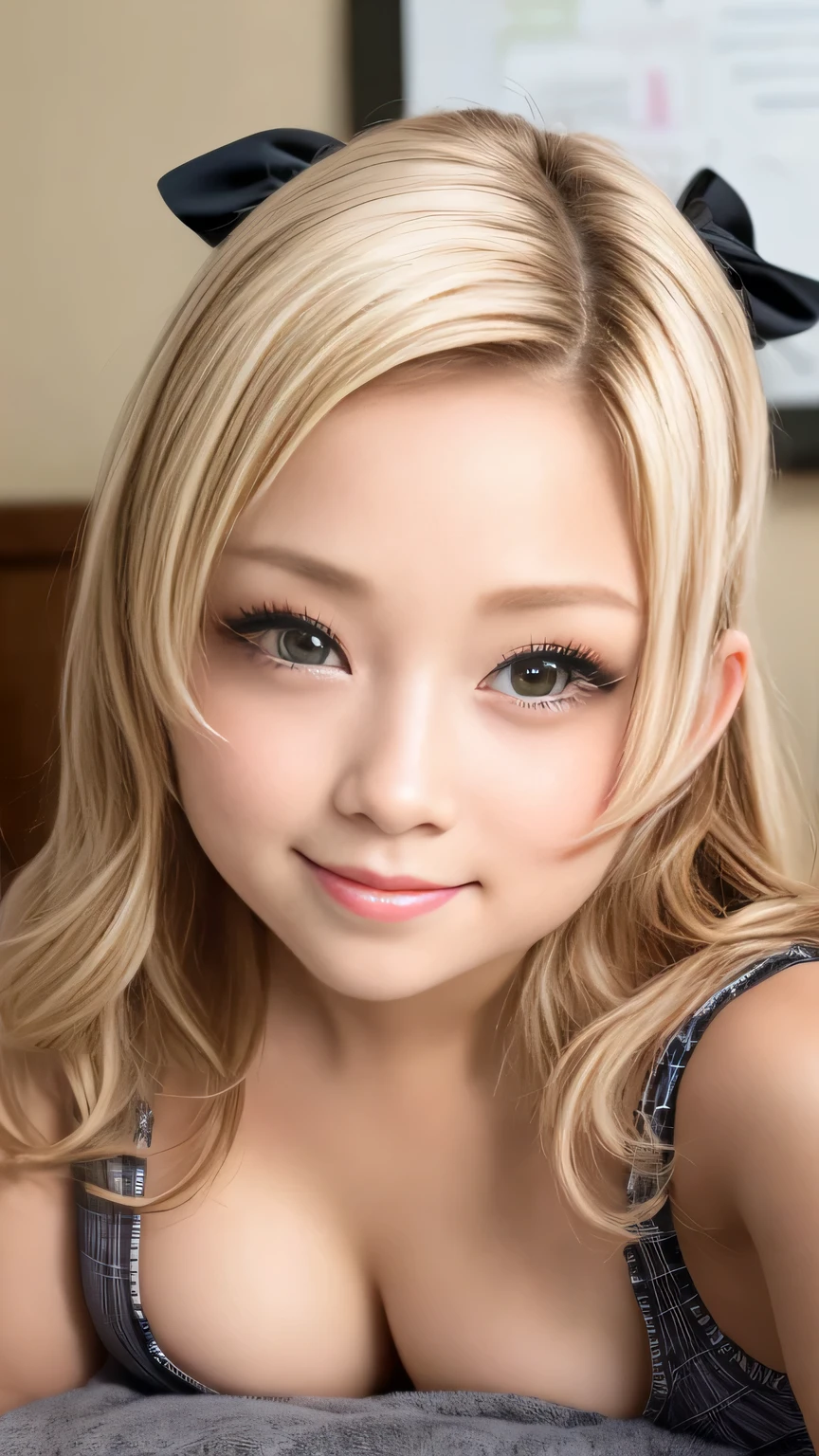 masterpiece, highest quality, 8k, disorganized person, (School Uniform:1.1)、White shirt, Tartan check micro mini skirt、bow tie 、、Cute girl, Cute face, Looking at the audience, (smile:1.2), Ultra-realistic, High resolution, picture, The focus was clear, High resolution,  Dynamic Lighting, Cinema Lighting, Professional Shadow, , Best details, Very detailedな, Very detailed, Finely detailed, Real Skin, Delicate facial features, Detailed face and eyes, Sharp pupils、Realistic students、Browsing Caution、8k,highest quality, masterpiece, Very detailed, 超High resolution, Realistic, RAW Photos, , Absolute Resolution, Complete limbs、Complete Anatomy、Perfect beautiful skin、1 girl, 、 Big Tits、Accentuate your thighs、(Lolita Girl)、、(blonde:1.1)、、、pretty girl、 , Realistic young gravure idol, Japanese Girls、、alone、Lying down、Lying on your back、
