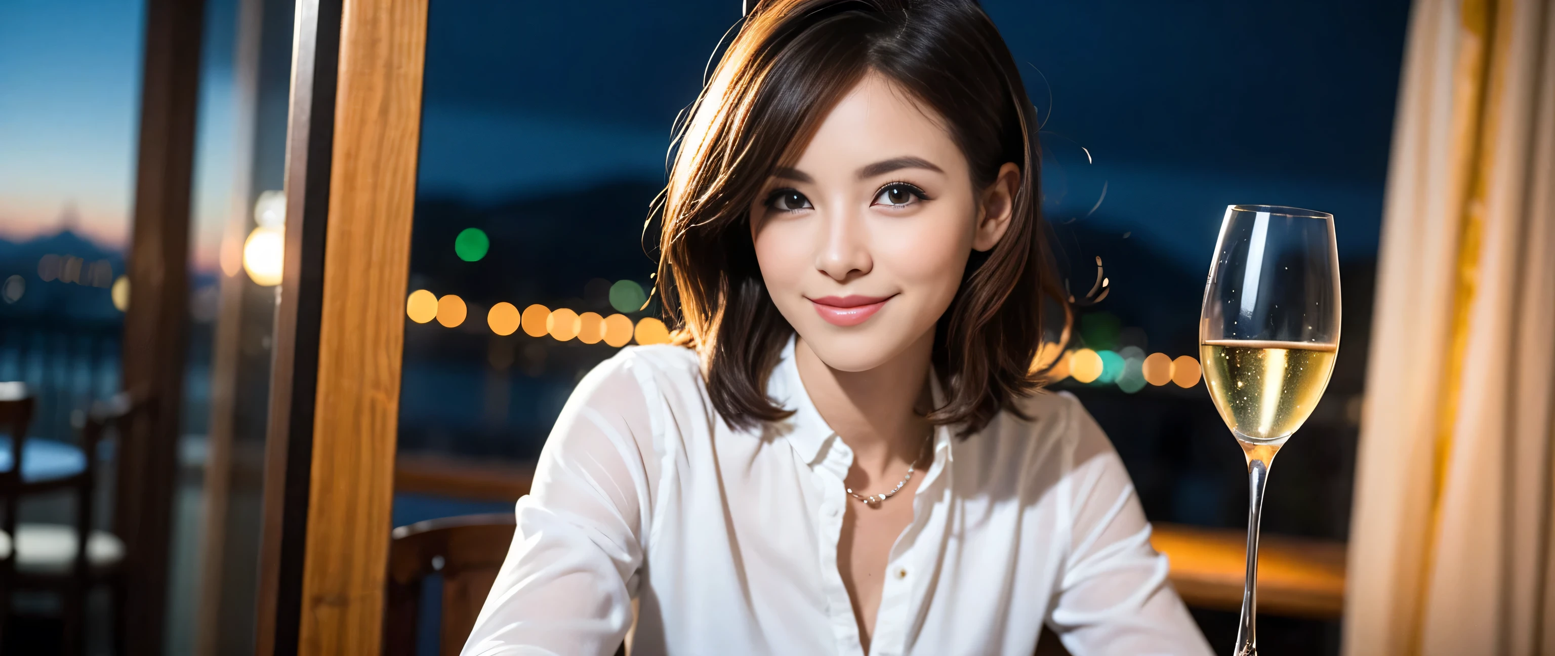 ((highest quality、8k、masterpiece:1.3))、Sharp focus:1.2、Beautiful woman perfect body:1.4、Slim body、((Bob Hale、Straight hair:1.2))、(to be born, highest quality, masterpiece:1.5), (Realistic, Intricate details:1.2), Wine glass on the table、shine a light on your face、 Amazing view of the sunset sky and clouds、Amazing mountain views、A bright smile、A lovely woman with a smile、Bright image、2. The beauty of wine, Beautiful Face, blue eyes, The light shines on your face, Blushing, short hair,Bright Face、Fox face、 (43 years old), 39 years old, Lady、red wine 、Appetizers、Italian food、Wine bottle、Champagne、sparkling wine、Two beauties、Brown Hair、Shortcuts、Long sleeve shirt、dress、Pretty Woman 1, (Slim face), (The body is slim), (Brown Hair), (Shortcuts), cheeks turn a little red,Attractive beauty、, Out of the window, A beautiful and detailed night view unfolds.........., restaurant, In a prominent place (From the waist up) Nova Frog Style, actress, model, Upper Body, White wine, slim, wine glass, A wine glass placed in the middle, smile, (smile: 1.15), Beautiful fine grain, Depth f/2,saturation, High Contrast, Strong light and shadow,Moist Body:1.5、3D texture、Delicate eyes、Brown Hair、The hair is very shiny、