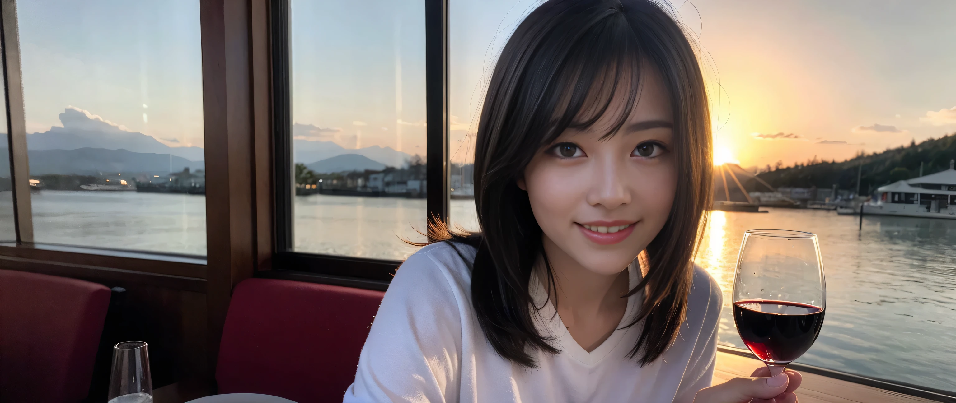 ((highest quality、8k、masterpiece:1.3))、Sharp focus:1.2、Beautiful woman perfect body:1.4、Slim body、((Bob Hale、Straight hair:1.2))、(to be born, highest quality, masterpiece:1.5), (Realistic, Intricate details:1.2), Wine glass on the table、shine a light on your face、 Amazing view of the sunset sky and clouds、Amazing mountain views、A bright smile、A lovely woman with a smile、Bright image、2. The beauty of wine, Beautiful Face, blue eyes, The light shines on your face, Blushing, short hair,Bright Face、Fox face、 (43 years old), 39 years old, Lady、red wine 、Appetizers、Italian food、Wine bottle、Champagne、sparkling wine、Two beauties、Brown Hair、Shortcuts、Long sleeve shirt、dress、Pretty Woman 1, (Slim face), (The body is slim), (Brown Hair), (Shortcuts), cheeks turn a little red,Attractive beauty、, Out of the window, A beautiful and detailed night view unfolds.........., restaurant, In a prominent place (From the waist up) Nova Frog Style, actress, model, Upper Body, White wine, slim, wine glass, A wine glass placed in the middle, smile, (smile: 1.15), Beautiful fine grain, Depth f/2,saturation, High Contrast, Strong light and shadow,Moist Body:1.5、3D texture、Delicate eyes、Brown Hair、The hair is very shiny、