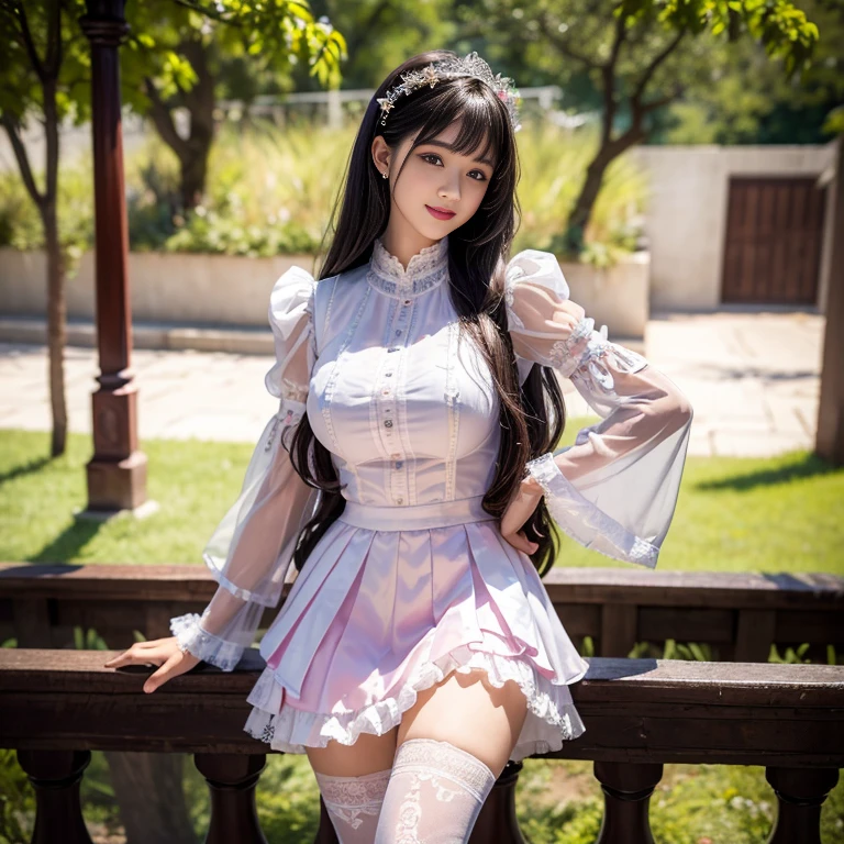 best quality, masterpiece, lifelike, 1 girl, solitary, eternal, Black Hair, Long curly hair, Bangs, laugh out loud, Layered lace skirt, Puff sleeves, Wide sleeves, Transparent sleeves, Detailed background, Delicate face,pink blush,White knee socks, cold,Lots of lace,((masterpiece))、(top quality)、8k、High Detail、Super detailed、 21 years old female,masterpiece、born、Intricate details showcase the ruffles and intricate designs of the Lolita dress、Fair、magic、realism、Visual effect、FXAA、SSAO、shader、voiceless、Ambient Lighting、Tone Mapping、high resolution、Ultra HD、Million pixels、(8k resolution:1.10)、8k resolution、High Detail、Intricate details、 (high quality:1.2、masterpiece:1.2、:1.21)、(21 years old female),Hair accessories are not allowed, Smile happily,Short skirt,Underwear looming,outdoor,Huge breasts,ditch