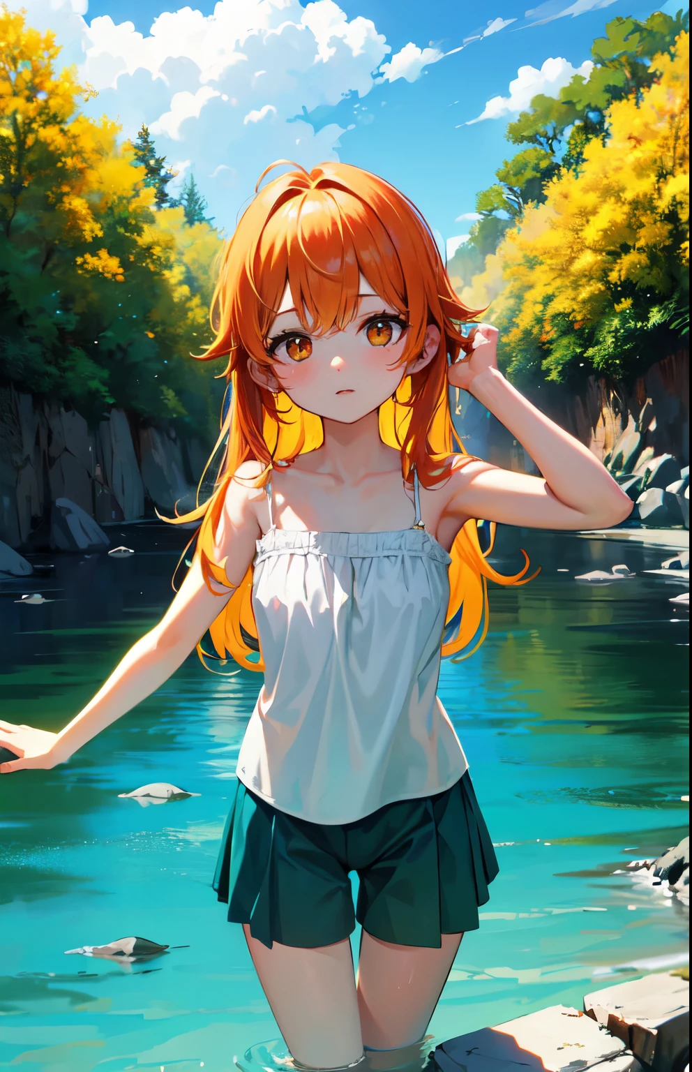 chica bajo el agua, pelo largo y rojo que fluye, alas de angel, flores de lirio blanco y amarillo anaranjado