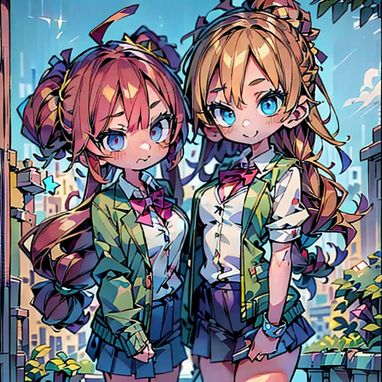 ,(((two girls))),two females\(animal ear,cute, kawaii,small kid,breast,hair color cosmic,braid hair,messy hair,eye color cosmic,big eyes,magical girl costume,smirk,colorful,dynamic pose,wings on back/),background/(in the sky,shiny,morning\), BREAK ,quality\(8k,wallpaper of extremely detailed CG unit, ​masterpiece,hight resolution,top-quality,top-quality real texture skin,hyper realisitic,increase the resolution,RAW photos,best qualtiy,highly detailed,the wallpaper,cinematic lighting,ray trace,golden ratio\),(dynamic angle:1.4),[nsfw:2.0]