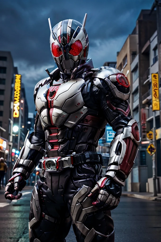 best quality, 8k, highly detailed face and skin texture, high resolution, kamen rider stand on street at night, sharp focus