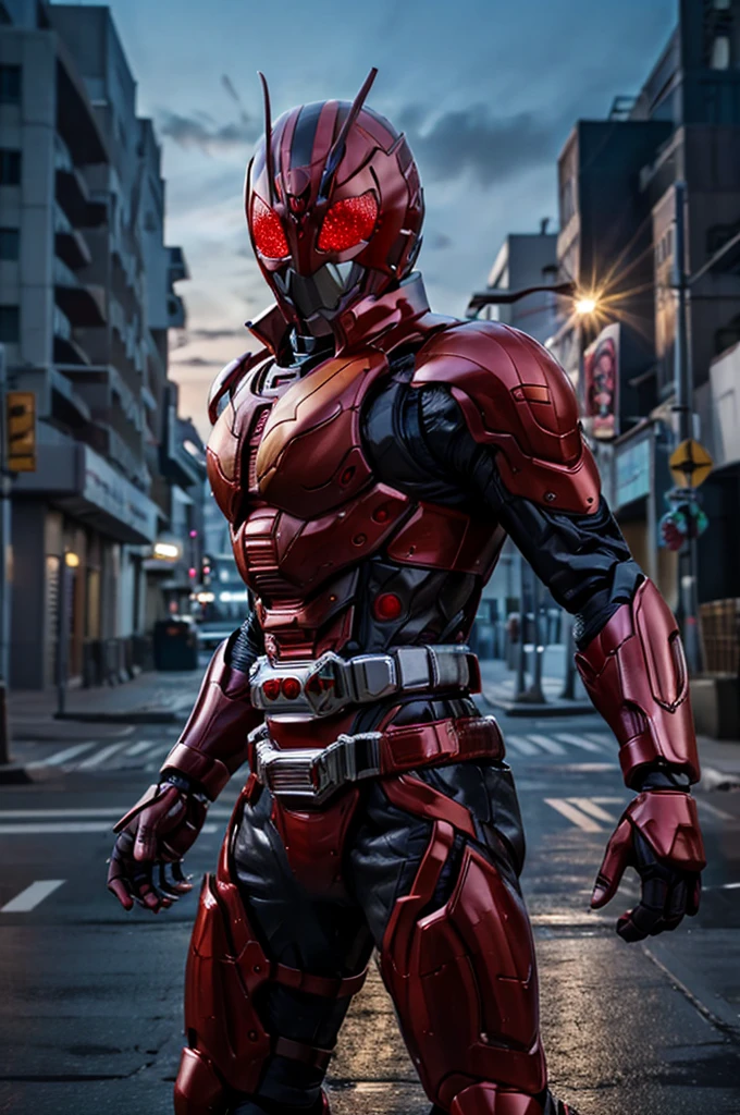 best quality, 8k, highly detailed face and skin texture, high resolution, kamen rider stand on street at night, sharp focus