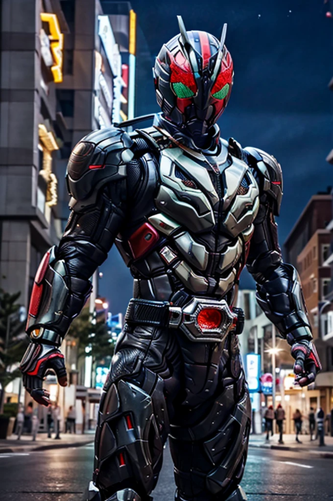 best quality, 8k, highly detailed face and skin texture, high resolution, kamen rider stand on street at night, sharp focus