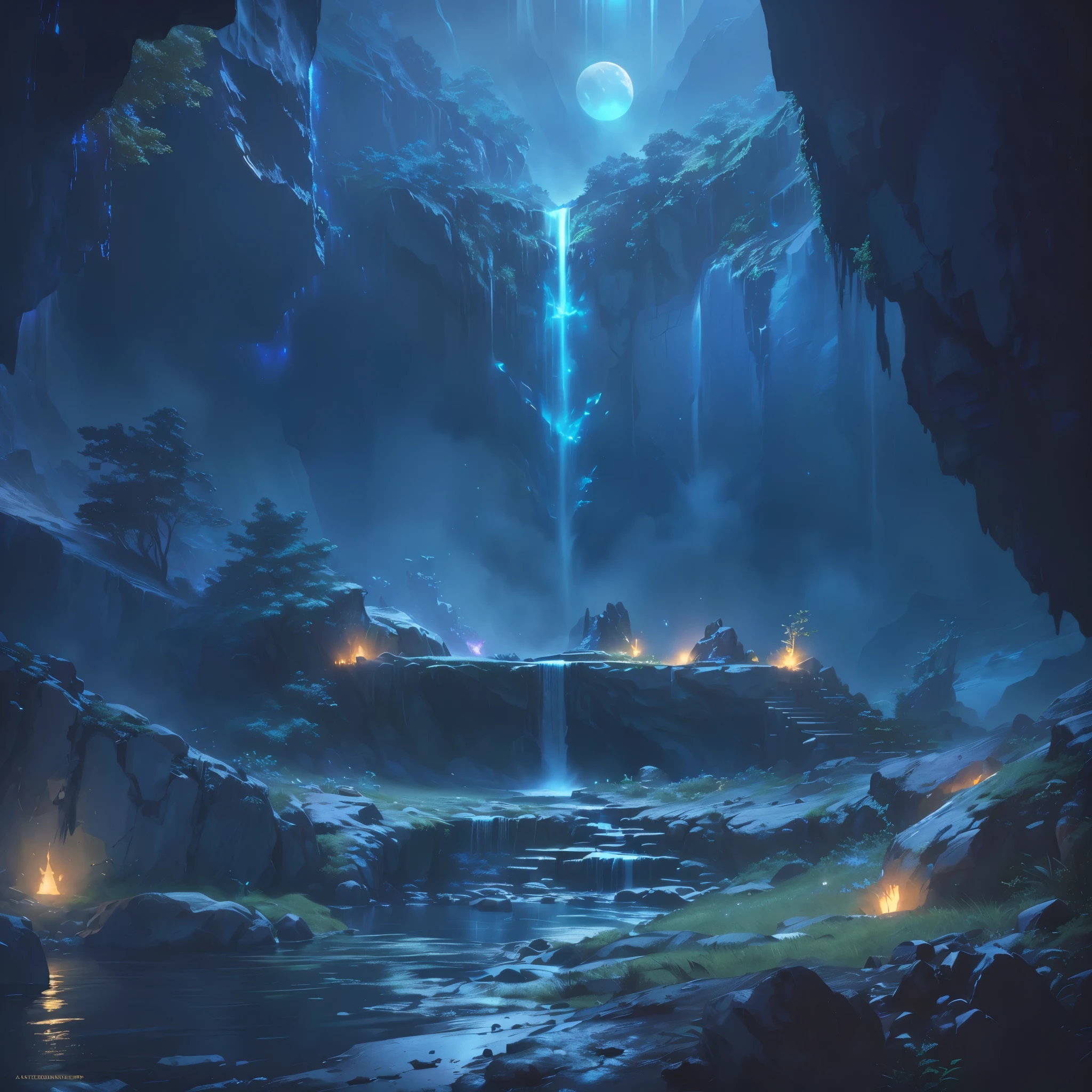 There is a cave，There is a waterfall inside，The waterfall lights up at night, Unreal Engine rendered concept art, Concept art stunning atmosphere, jessica rossier fantasy art, Concept Art 8 K resolution, concept art 8k resolution, Concept Art 8 K, Beautiful concept art, Unreal Engine fantasy art, Andreas Rocha style, Relaxation concept art, 4k resolution concept art