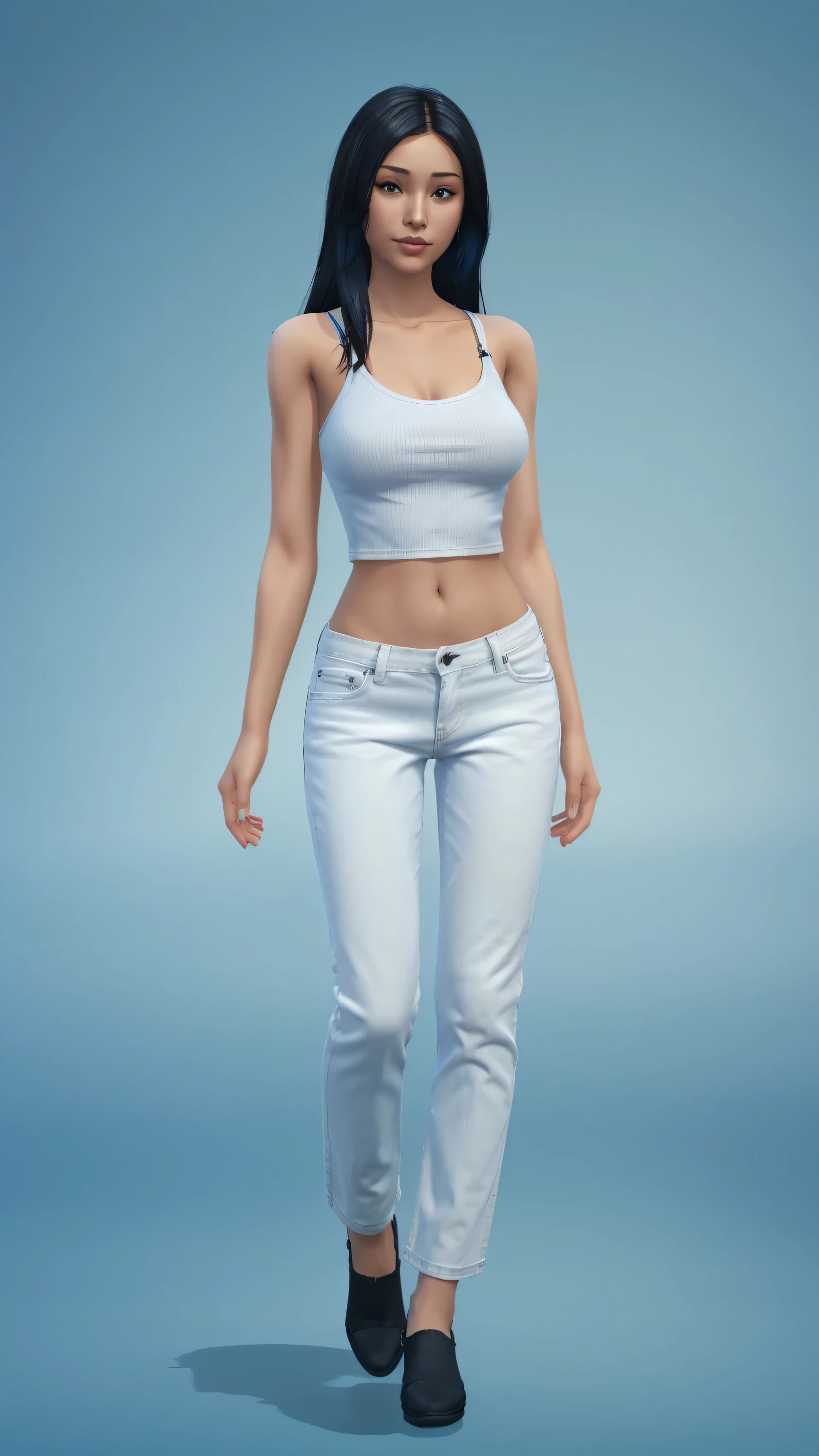 Masterpiece, stunning realistic, best quality, sharpness,1 girl,Sims CAS Concept Lora,standing,full body,black long hair,white tanktop,blue jeans,