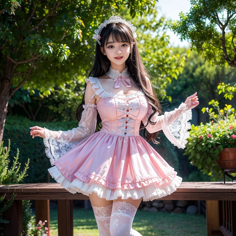 best quality, masterpiece, lifelike, 1 girl, solitary, eternal, Black Hair, Long curly hair, Bangs, laugh out loud, Layered lace skirt,  Puff sleeves, Wide sleeves, Transparent sleeves,  Detailed background,  Delicate face，pink blush，White knee socks, cold，Lots of lace，((​masterpiece))、(top quality)、8k、High Detail、Super detailed、 21 years old female，​masterpiece、born、Intricate details showcase the ruffles and intricate designs of the Lolita dress、Fair、magic、realism、Visual effect、FXAA、SSAO、shader、voiceless、Ambient Lighting、Tone Mapping、high resolution、Ultra HD、Million pixels、(8k resolution:1.10)、8k resolution、High Detail、Intricate details、 (high quality:1.2、​masterpiece:1.2、:1.21)、(21 years old female），Hair accessories are not allowed, Smile happily，Short skirt，Underwear looming，outdoor，Huge breasts，Low-cut clothes