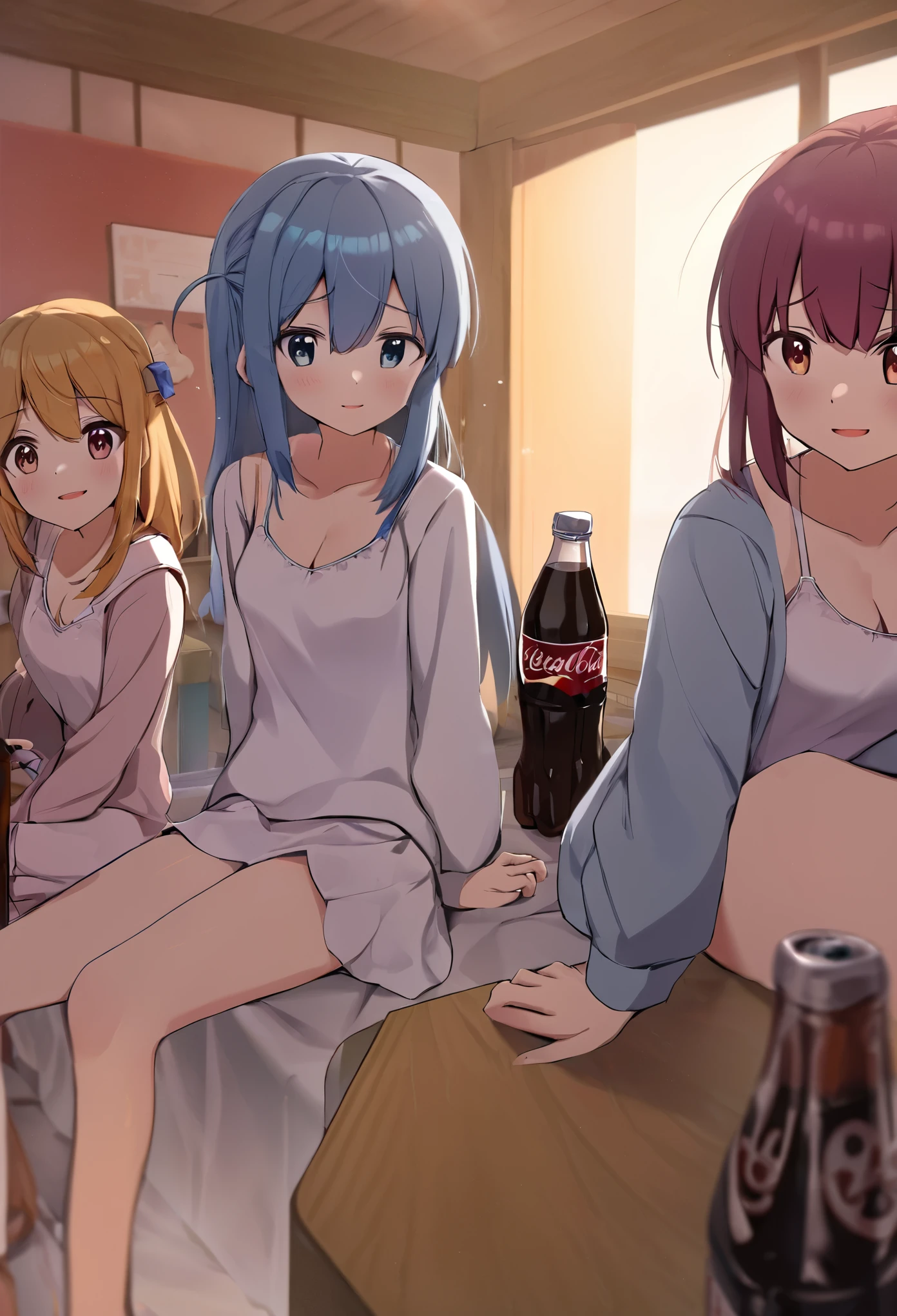 absurd resolution, high resolution, (Obra maestra: 1.4), super detailed, (((cara detallada, detailed expression)), two girls, girl and girl, amigos, best amigos, classmates, relajarse, cola de caballo, Beto, sitting on cama, sentado en el suelo, dos estan hablando, The background is in the room., amigos, mejor amiga, Hogar, 1K, small room, cortinas, cama, TELEVISOR, escritorio, dulces, Talk about travel with amigos, meeting, divertido, sonrisa, room linen, Kyoto animation, Kyoto animation atmosphere, Brillantina, brillantez,