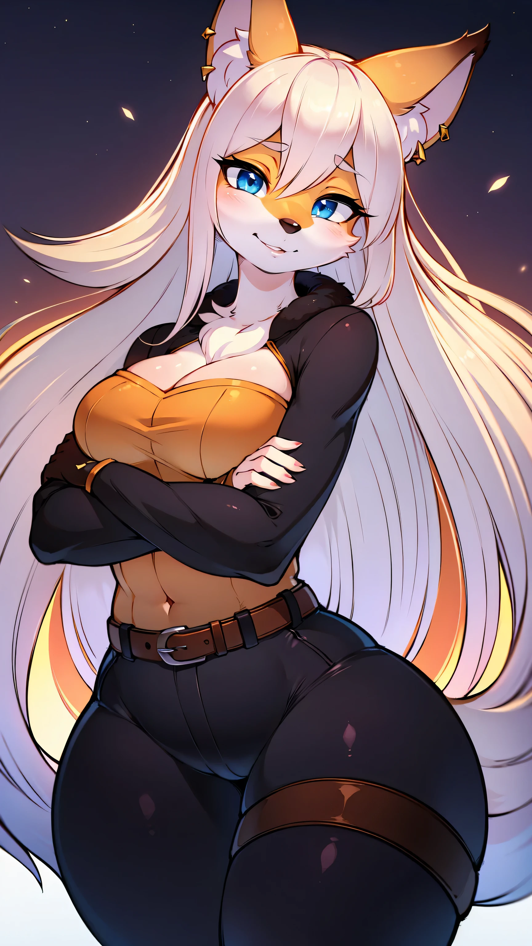 small animal_ears,mature_female,cute,furry_girl,wolf_girl,Elegant figure,193cm tall,Model's body_type,detailed_eyes,silver_hair,cute_ears,wolf_ears,black robe,leggings,fluffy_furs,earrings,upper body,stocking with garterbelt,neck garter,(perfect detailed eyes:1.5),jewelry, blank eyes,brooch,smiling,(front:1.5),(furry:1.5),long lashes,flowy chiffon,well-proportioned figure,(thick thighs:1.1),perfectly high-detail facial features,(perfect detailed eyes:1.5),silky long hair,masterpiece, best quality, Ultra-high quality, Ridiculous details,(best quality,4k,8k,highres,masterpiece:1.2),ultra-detailed