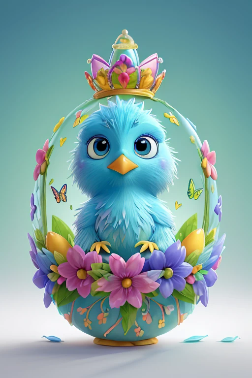 An adorable baby bird with vibrant, blue eyes is delicately hatching from a beautifully decorated Easter egg. The bird is wearing a tiara made of intricately crafted flowers and delicate erflies. The portrait captures every minute detail of the bird's feathers, showcasing their exquisite texture and patterns. The scene is bathed in soft, gentle lighting, highlighting the vivid colors that symbolize the vibrant spirit of spring. The overall composition embodies a sense of innocence and wonder, inviting the viewer to marvel at the beauty of nature.