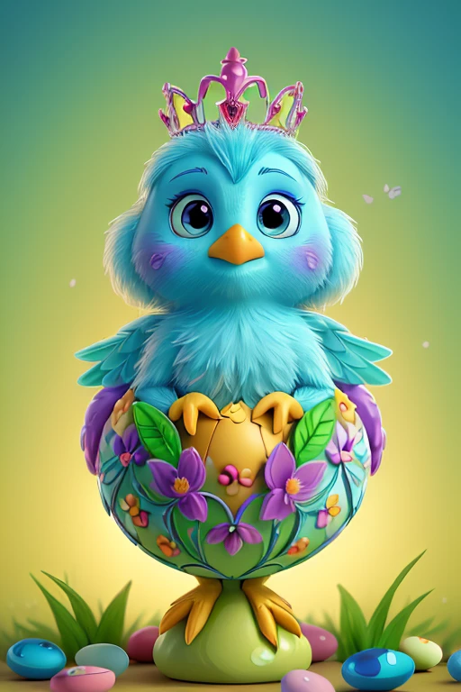 An adorable baby bird with vibrant, blue eyes is delicately hatching from a beautifully decorated Easter egg. The bird is wearing a tiara made of intricately crafted flowers and delicate butterflies. The portrait captures every minute detail of the bird's feathers, showcasing their exquisite texture and patterns. The scene is bathed in soft, gentle lighting, highlighting the vivid colors that symbolize the vibrant spirit of spring. The overall composition embodies a sense of innocence and wonder, inviting the viewer to marvel at the beauty of nature.