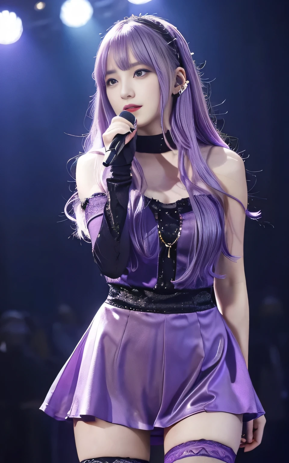 (highest quality, Seductively Posing:1.2), 1 female singer, 20 years old, Otherworldly fantasy,Shoulder strap,Sing alone, Light purple hair,Beautiful eyes in every detail),Upper Body,bangs,ear, Gorgeous deep purple outfit, Mysterious, Long Hair, blush, Displaying the viewer,Singing voice that captivates the audience
