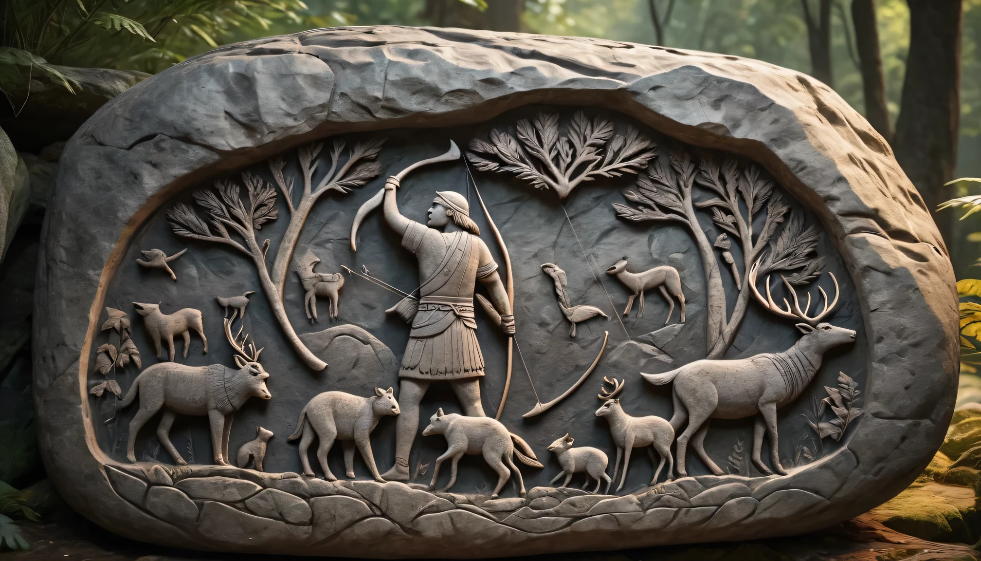 These stones are carved with prehistoric hunting scenes。prehistoric art、primitive art、tribal art、wild animals、Forest view、Prehistoric nomadic lifestyle、Hunting tools、Bow and Arrow、symbol、ceremony、ArtisticExpressions、Detailed carving、（Best quality，4k、8k、masterpiece：1.2）、Ultra detailed（lifelike、Photo lifelike：1.37），Vivid colors，Warm tones，Soft lighting