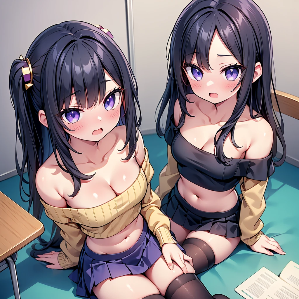 (cute eyes:1.2), (sparkling eyes:1.2), (8K、Best image quality、highest quality、masterpiece)、Detailed face、(2 girls)、Improve、(Black Hair, Purple Eyes, long hair)、(open mouth), (embarrassed), (small breasts), (beige off shoulder sweater:1.2), (cleavage), (crop top navel), Sit on a chair, Classroom Background,  (black stockings:1.1), (Thighs:1.1), (Waistline:1.1),(close-up shot of bust), (from above:1.2)