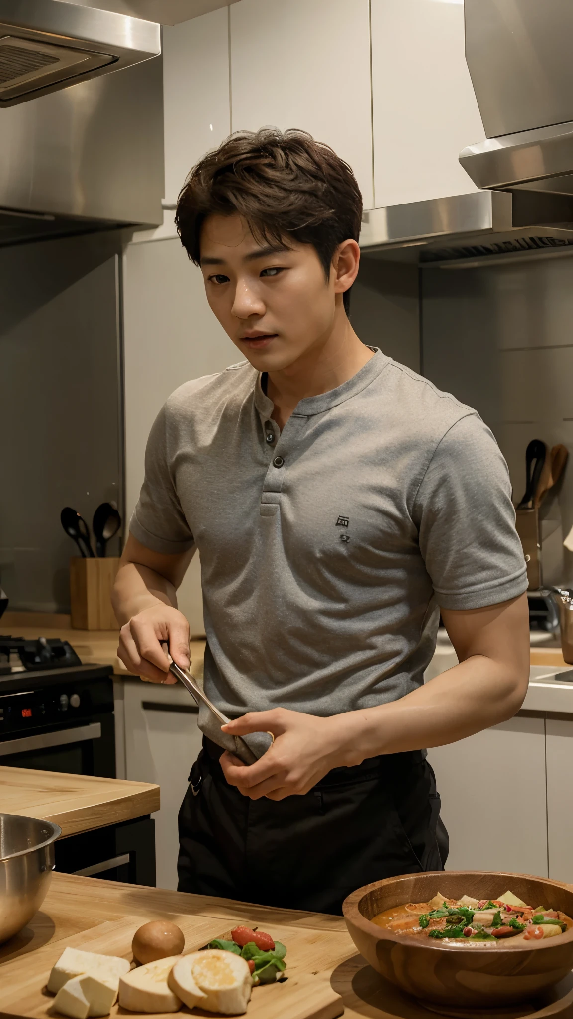 Song Joong-ki, Cooking in the kitchen, perfect face, ultra HD, realistic.