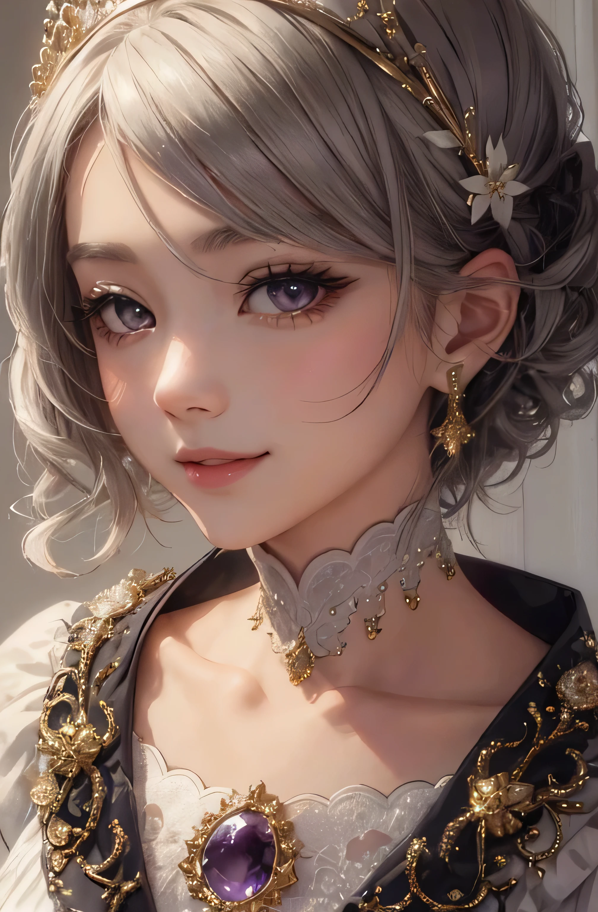 8k、Real Photo、reality、超A high resolution, Master Parts, highest quality, alive , Reality-like images,Nice girl、Ann、16 years old、ann gross saxon、double eyelid、The eyes are very droopy、Very big eyes、Purple eyes、Beautiful and large under-eye bags、Dark eyeshadow、lips are very thin、The tip of the nose grows beautifully..........、Small nose tip,,,,, Very detailed , Silver Hair、Straight Short Hair、Gold Tiara、smile、 Sweet expression 、Very beautiful woman、Long legs、 Very sharp shadows , gem , Sexy , Detailed eyes, Very complicated, Glossy Skin , Perfect Great, Perfect lighting, Dramatic Shadows、White dress with gold embroidery、Angel white wings、Sakura's homage