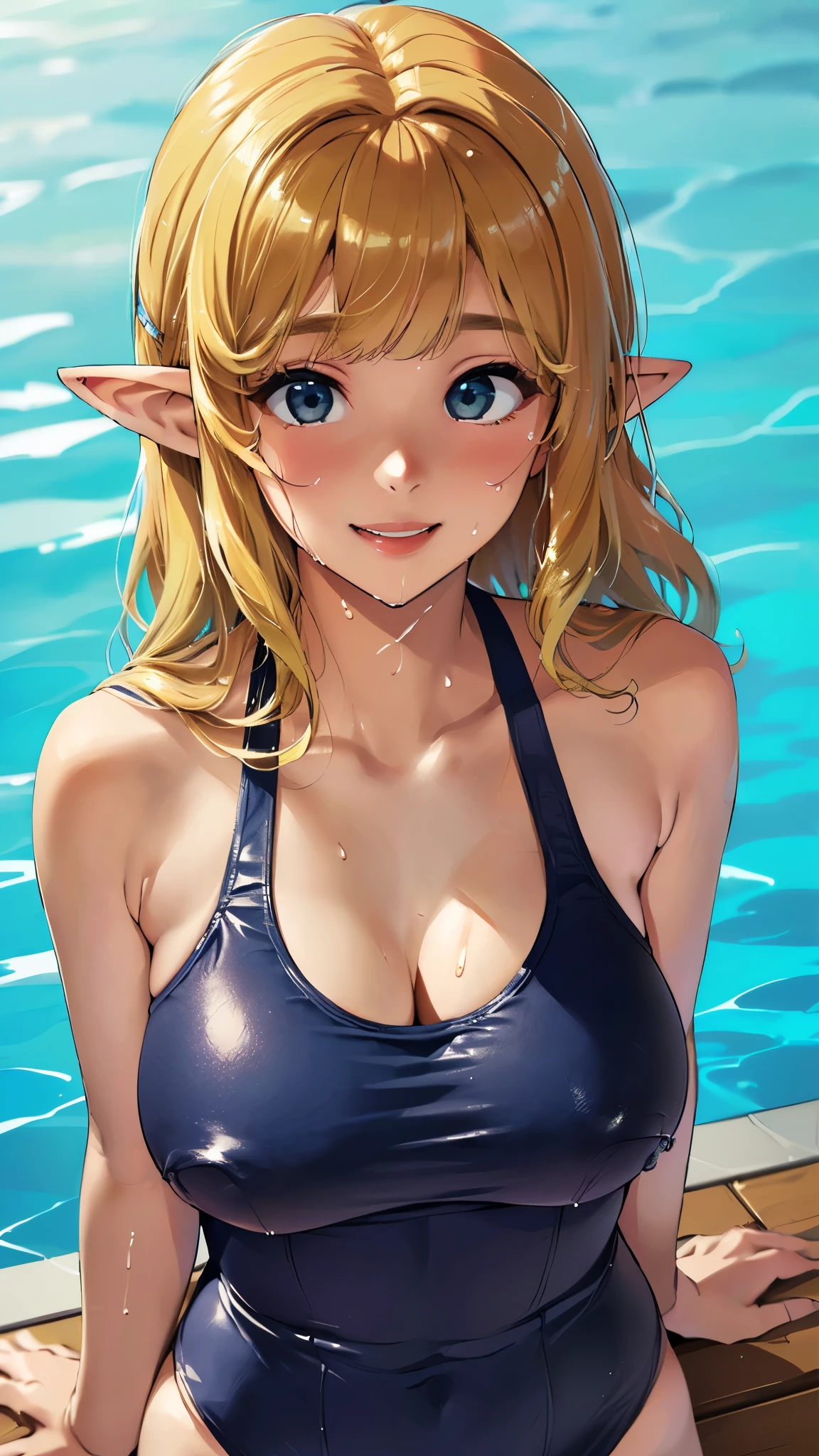 ((highest quality、Masterpiece、High resolution))、(((Zoom photo of upper body:1.95、Looking up、Elf、Idol、Beautiful Skin、semen、Wet body、Wet Hair、Navy school swimsuit、Cute Smile:2.5、Cleavage、Large Breasts、Pool、Blonde Hair、Trimmed bangs、Wavy Hair)))