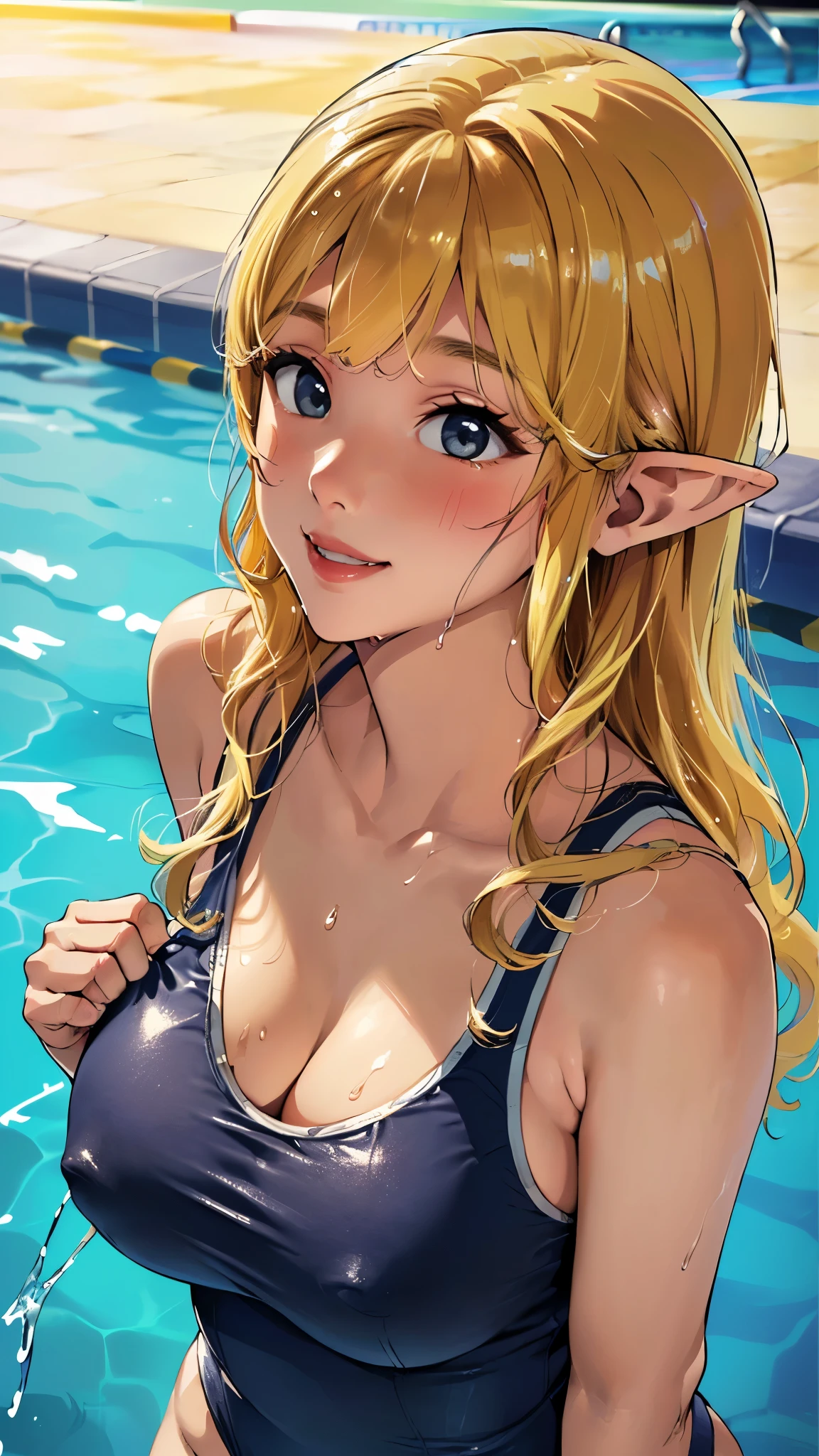 ((highest quality、Masterpiece、High resolution))、(((Zoom photo of upper body:1.95、Looking up、Elf、Idol、Beautiful Skin、semen、Wet body、Wet Hair、Navy school swimsuit、Cute Smile:2.5、Cleavage、Large Breasts、Pool、Blonde Hair、Trimmed bangs、Wavy Hair)))