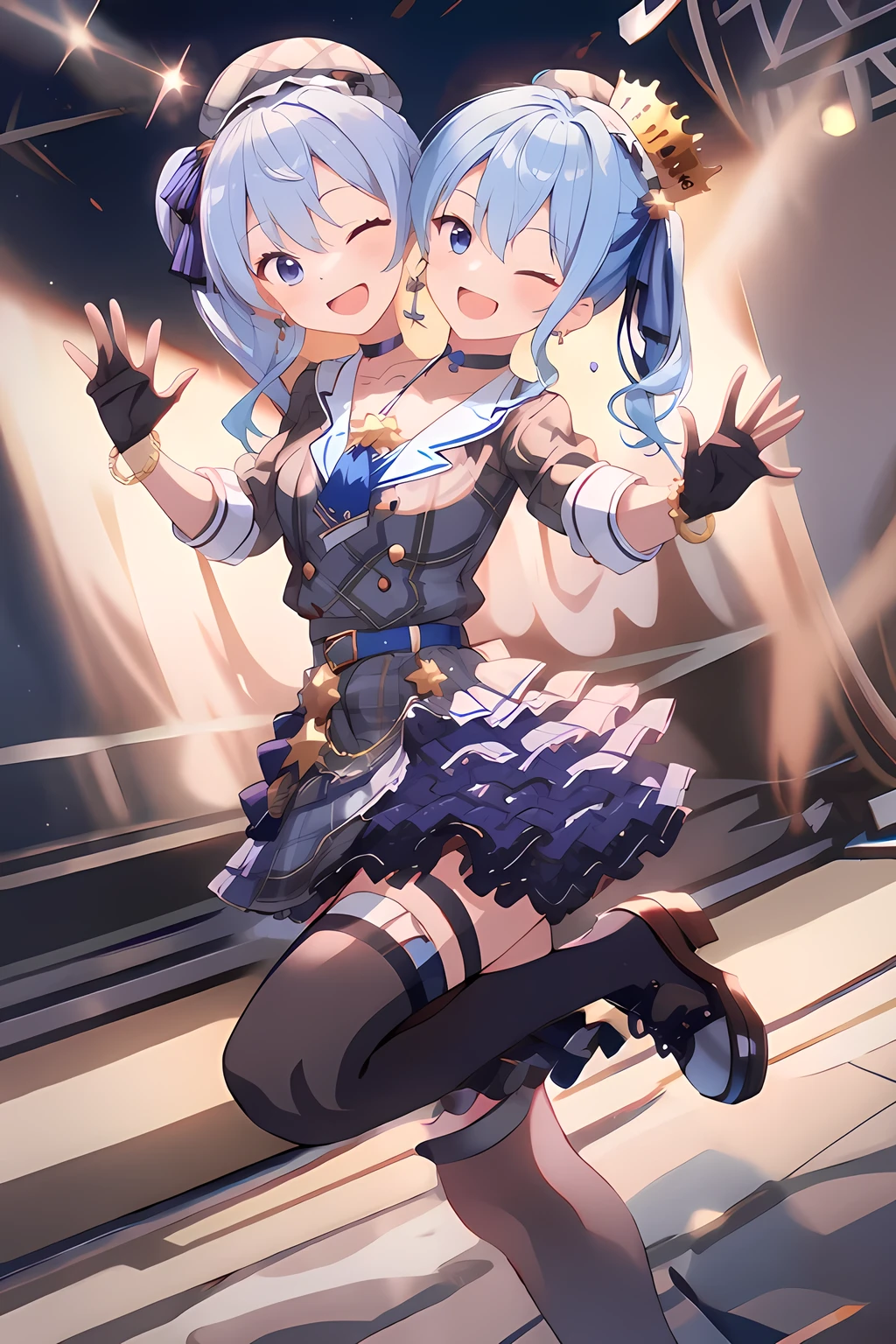 (masterpiece, best quality), best resolution, (2heads:1.5), dynamic angle, 1girl, HoshimachiSuisei, side ponytail, blue hair ribbon, SuiseiBase, plaid beret, crown, blue star choker, star earrings, blue ascot, plaid jacket, plaid skirt, layered skirt, partially fingerless gloves, star bracelet, uneven legwear, thigh strap, standing, waving hands, smile, open mouth, singing, look at viewer, happy, excited, open arms, dancing, jumping, one eye closed, concert stage, starfield, spotlight