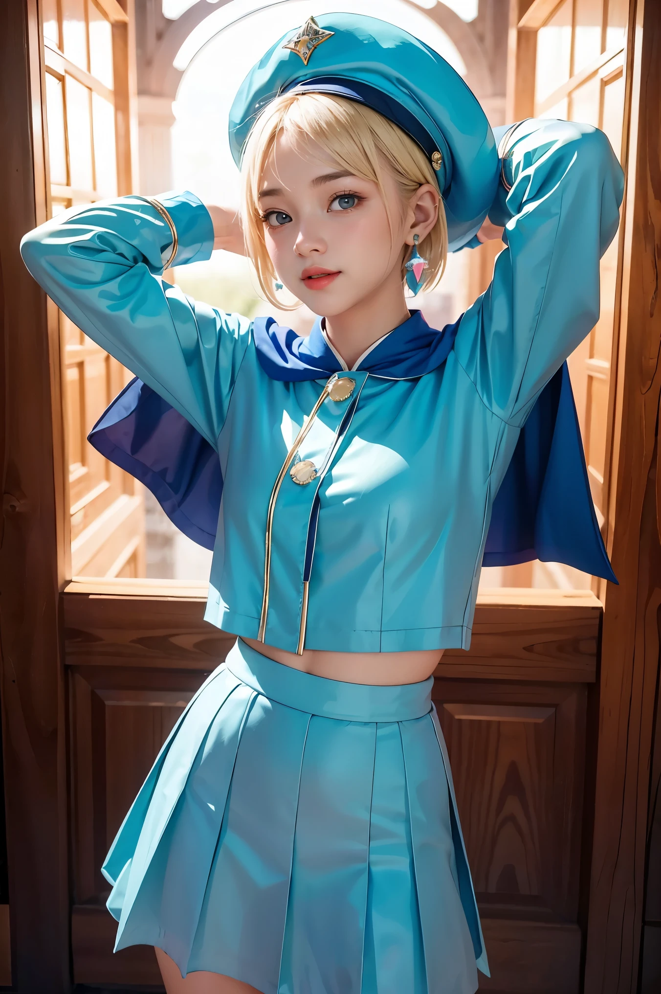fajyobore-style, masterpiece, best quality, 1girl, 21 years old, smile, pink lips, aqua eyes, blue beret, blonde hair, closed mouth, earrings, hat, gem earrings, jewelry, looking at viewer, miniskirt, shirt, blue cape, short hair, solo, cowboy shot, hands behind head, dim, dark, high contrast, caustics