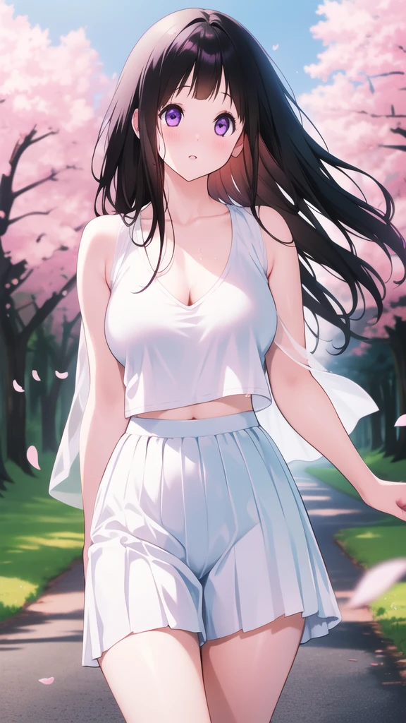 Amazing Chitanda, There is only one beautiful girl,Purple Eyes, Black Hair, Very red face,Very white skin,Glowing skin,Skin as delicate as porcelain,Naturally straight hair, Straight bangs,Extremely refined,Open lips,Long flowing hair,Beautiful Girl, Like a dream,Slim,Slim waist,Soft, (Sensual), (Kawaii), Dream quality,Beautiful big breasts,Half of the areola is exposed,White vest,Loose top,The top is supported by the chest,White skirt,Skin exposed on the side,The clothes are completely transparent,Clothes that show skin color,The clothes are completely soaked,Deep V neckline,Loose neckline,Wide neckline,Cycling on the road,Wind blows up skirt,no pants,Flying Butterflies,Cherry blossoms,Bare shoulders,Bare neck,Exposed collarbone,Showing breasts,Show your waist,Show your buttocks,Show your thighs,Exposing the groin,No pants,extremely shy,Ultra-high resolution, (masterpiece:1.2, best quality), (Delicate and beautiful eyes: 1.2), (Beautiful and delicate face)
