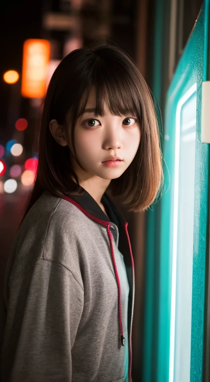 masterpiece, highest quality, 8k, 15 years, , RAW Photos, Absurd, Award-winning portrait, alone, night, neon, Idol&#39;s face, Violet, Gardenias, Delicate girl, Upper Body, Digital SLR, View your viewers, Frank, Sophisticated, like々Shii, Thin arms, Professional Lighting, Film Grain, chromatic aberration, (Detailed eyes and face:1.0), (Bokeh:1.1)