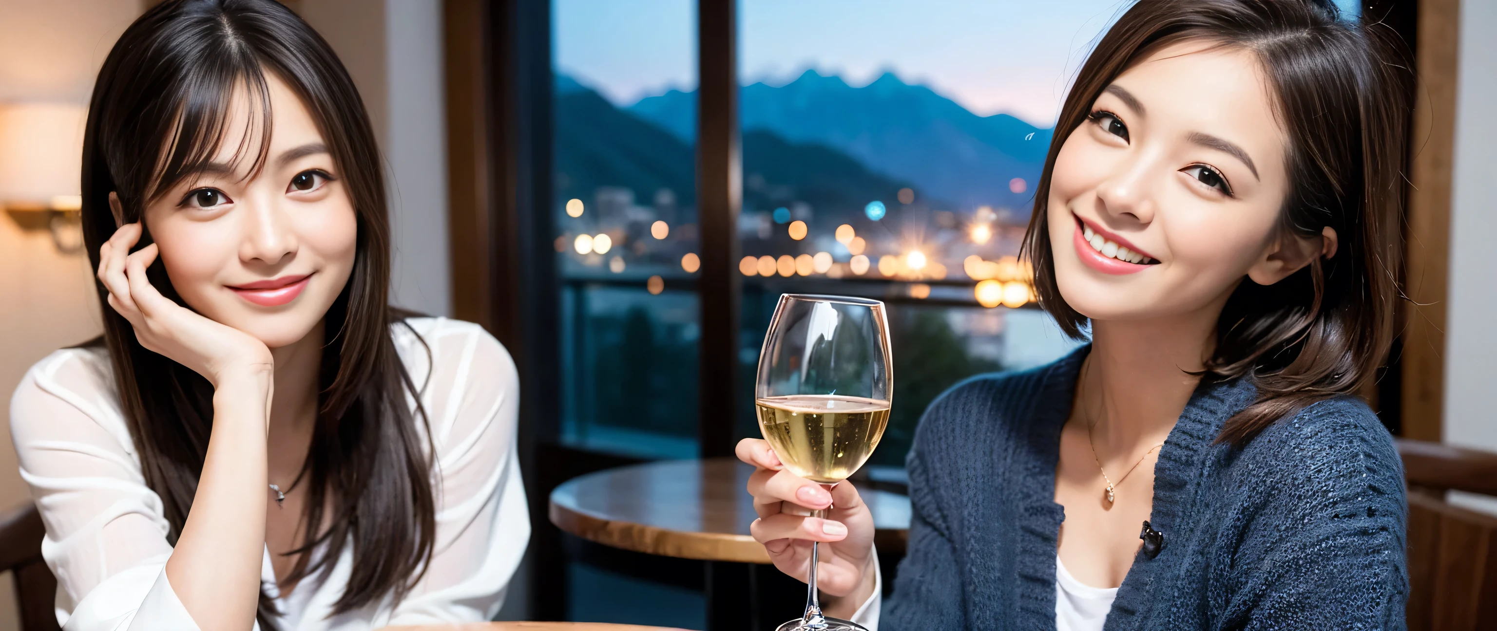 ((highest quality、8k、masterpiece:1.3))、Sharp focus:1.2、Slim body、((Bob Hale、Straight hair:1.2))、(to be born, highest quality, masterpiece:1.5), (Realistic, Intricate details:1.2), Wine glass on the table、shine a light on your face、 Amazing view of the sunset sky and clouds、Amazing mountain views、A bright smile、A lovely woman with a smile、Bright image、The beauty of two people, Beautiful Face, The light shines on your face, Blushing, short hair,Bright Face、 (43 years old), 39 years old, Lady、red wine 、Appetizers、Italian food、Wine bottle、Champagne、sparkling wine、Two beauties、Brown Hair、Shortcuts、Long sleeve shirt、dress、Pretty Woman 1, (Slim face), (The body is slim), (Brown Hair), (Shortcuts), cheeks turn a little red,Attractive beauty、, restaurant, In a prominent place (From the waist up) Nova Frog Style, actress, model, Upper Body, White wine, slim, wine glass, A wine glass placed in the middle, smile, (smile: 1.15), Delicate eyes、Brown Hair、The hair is very shiny、