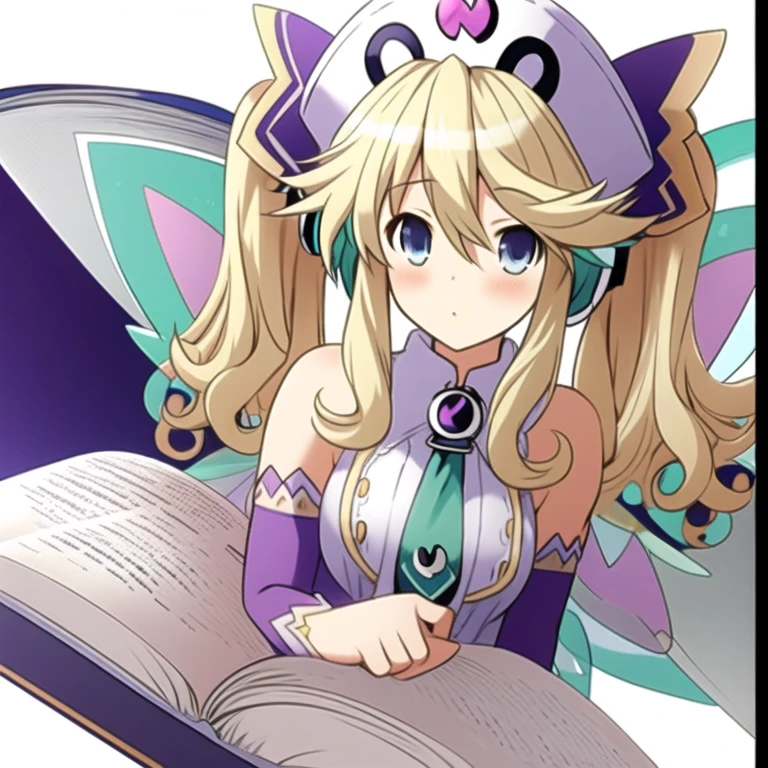 (extremely detailed:1.1),(highly detailed:1.1),(best quality:1.1),(masterpiece:1.1),  HistoireNeptunia, long hair, blue eyes, blonde hair, hair ornament, wings, fairy wings, bare shoulders, twintails,  book, white thighhighs, hat, necktie, purple dress, book, foggy style pose, breasts showing, nude breasts