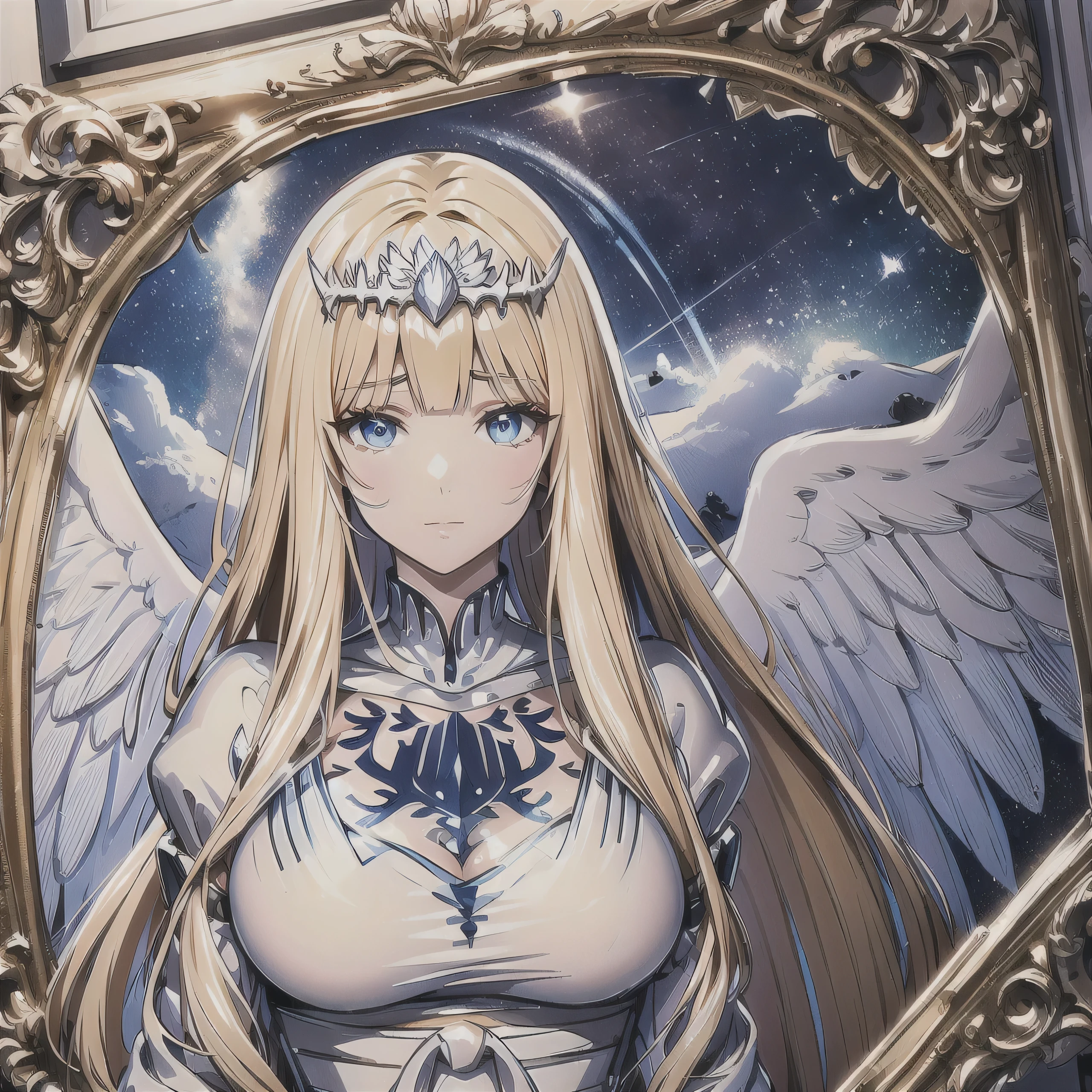 Masterpiece, best quality, official art, beautiful, lively texture, unique visuals, Magnificent details, cg.Very detailed, solidarity cooperation, 8K Wallpapers, Extremely beautiful Eyes, best quality, details first, very delicate, High quality, 1 girl,alone, Calcutta, Calcutta Bessarez, angel wings, very large white wings,  blonde hair, My hair is very long., My hair is very long., white crown, silver tiara, white tiara, white dress, blue eyes, Medium breast, large wings, feature wings 