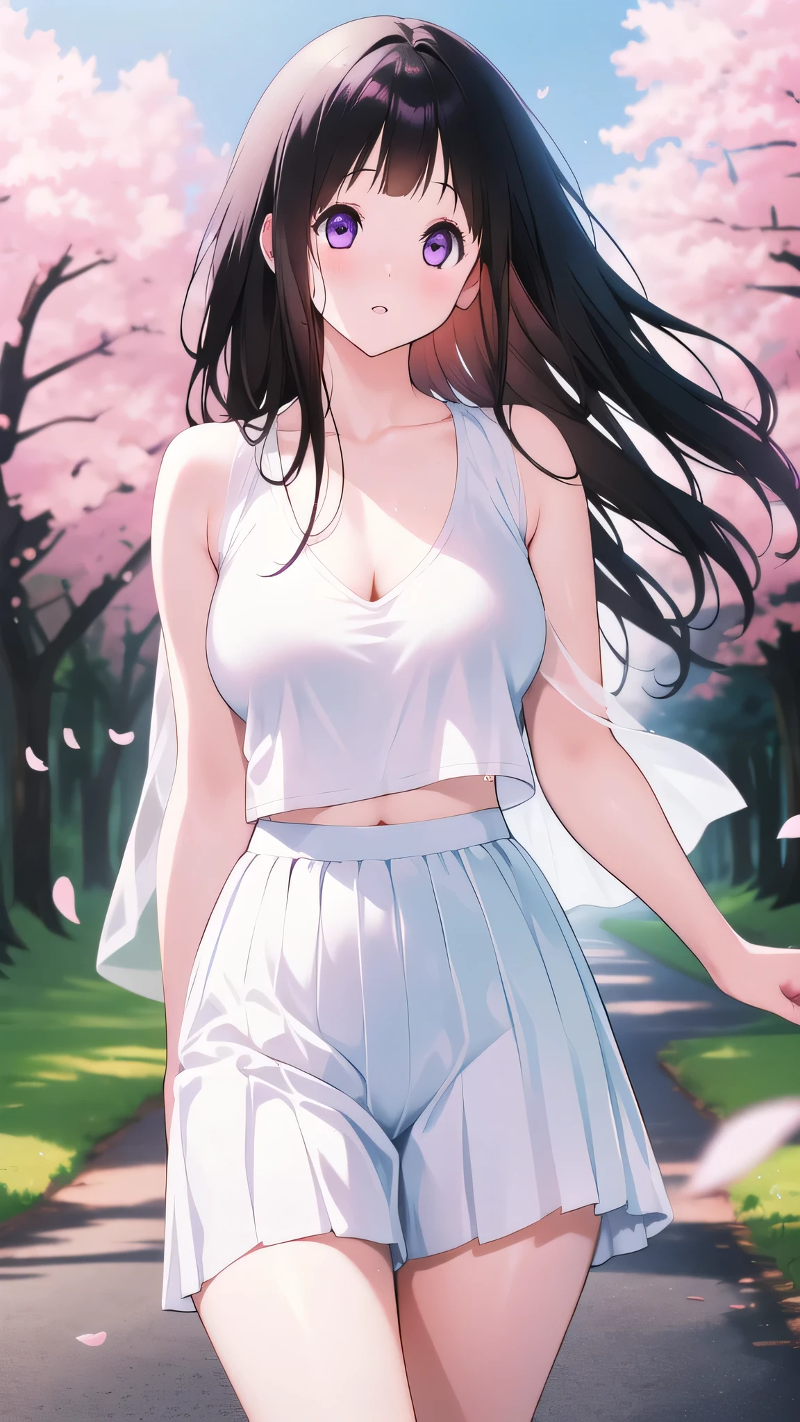 Amazing Chitanda, There is only one beautiful girl,Purple Eyes, Black Hair, Very red face,Very white skin,Glowing skin,Skin as delicate as porcelain,Naturally straight hair, Straight bangs,Extremely refined,Open lips,Long flowing hair,Beautiful Girl, Like a dream,Slim,Slim waist,Soft, (Sensual), (Kawaii), Dream quality,Beautiful big breasts,Half of the areola is exposed,White vest,Loose top,The top is supported by the chest,White skirt,Skin exposed on the side,The clothes are completely transparent,Clothes that show skin color,The clothes are completely soaked,Deep V neckline,Loose neckline,Wide neckline,Cycling on the road,Wind blows up skirt,no pants,Flying Butterflies,Cherry blossoms,Bare shoulders,Bare neck,Exposed collarbone,Showing breasts,Show your waist,Show your buttocks,Show your thighs,Exposing the groin,No pants,extremely shy,Ultra-high resolution, (masterpiece:1.2, best quality), (Delicate and beautiful eyes: 1.2), (Beautiful and delicate face)