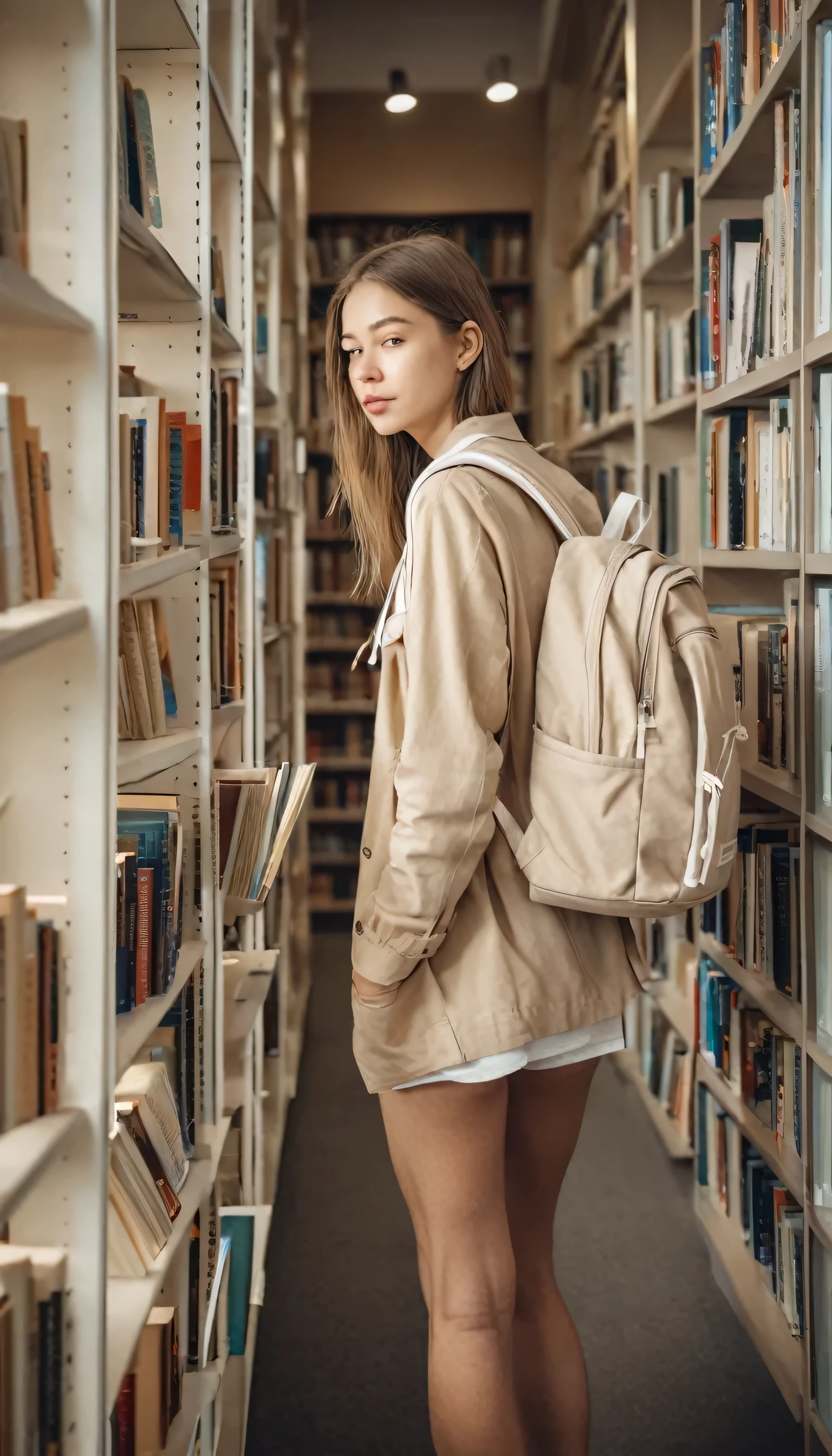 In a library, the young woman looks at a bookshelf. She is wearing beige clothes and carrying a white backpack.
many details, extreme detailed, full of details,
Wide range of colors.
Many details everywhere.  soft shadows. Low saturation colors. Insane quality. Insane resolution. Insane details. Masterpiece. 32k resolution.
Dramatic,Dynamic,Cinematic,Sharp details
 