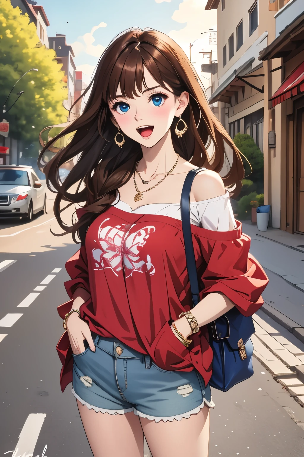 (best quality),((masterpiece)),(highres),illustration,original,extremely detailed,1girl,solo,brown hair,bag,jewelry,shorts,white background,blue eyes,looking at viewer,earrings,bare shoulders,simple background,shirt,collarbone,long hair,off shoulder,off-shoulder shirt,bracelet,hand in pocket,bangs,handbag,red shirt,cowboy shot,signature,blush,brown shorts,open mouth,shoulder bag, username,necklace,Exaggerated perspective,ultra wide shot,blurry hand foreground