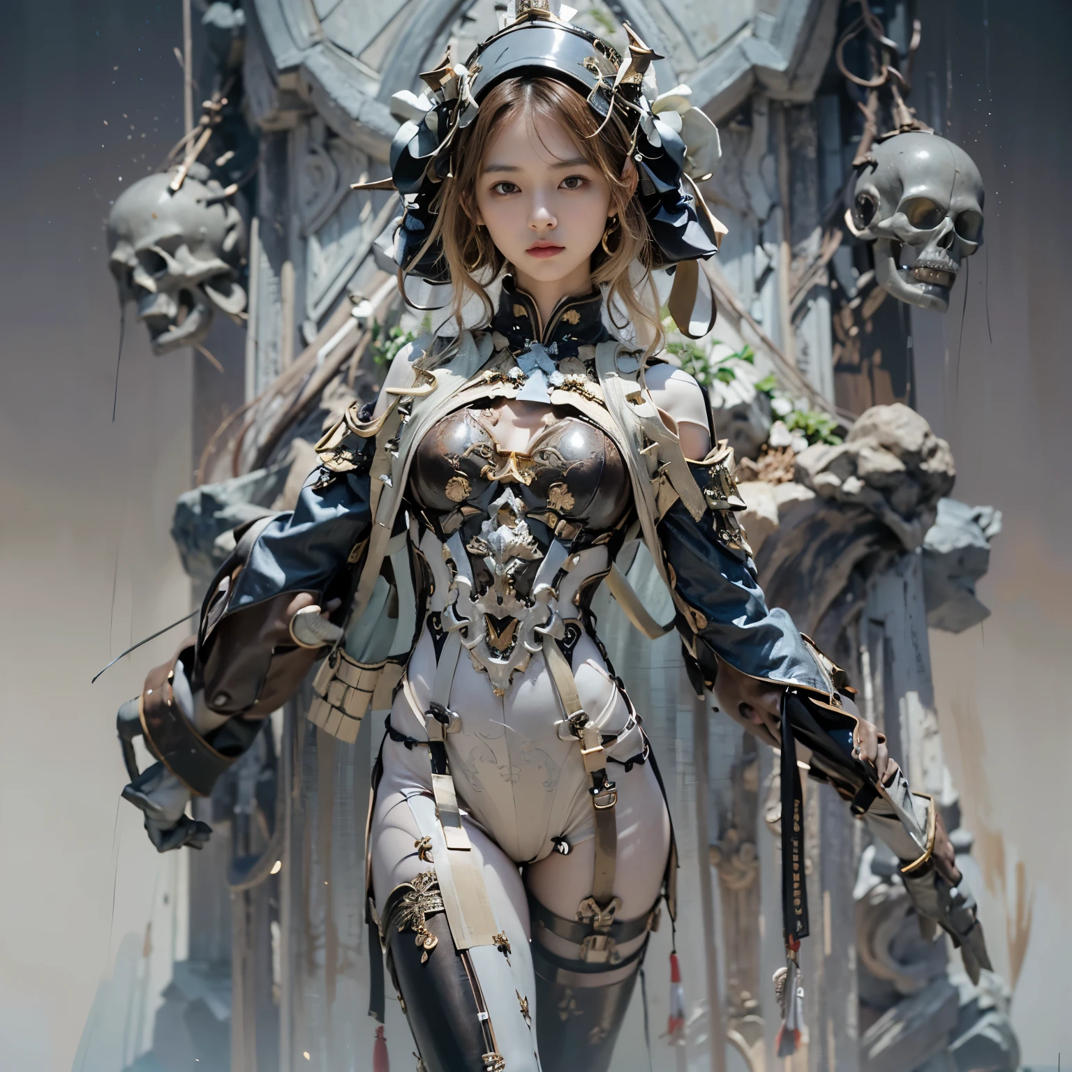 (masterpiece、highest quality、Realistic photos)、A very cute Japanese woman、(Brown skin:1.4)、A complex copper and brass mechanical armor with a skull motif.、Bat Wings、White tone、Blue accents、foot、Extremely intricate details、Posing on the medieval castle walls at sunset、Full Body Shot、Minimum 4 or more generated