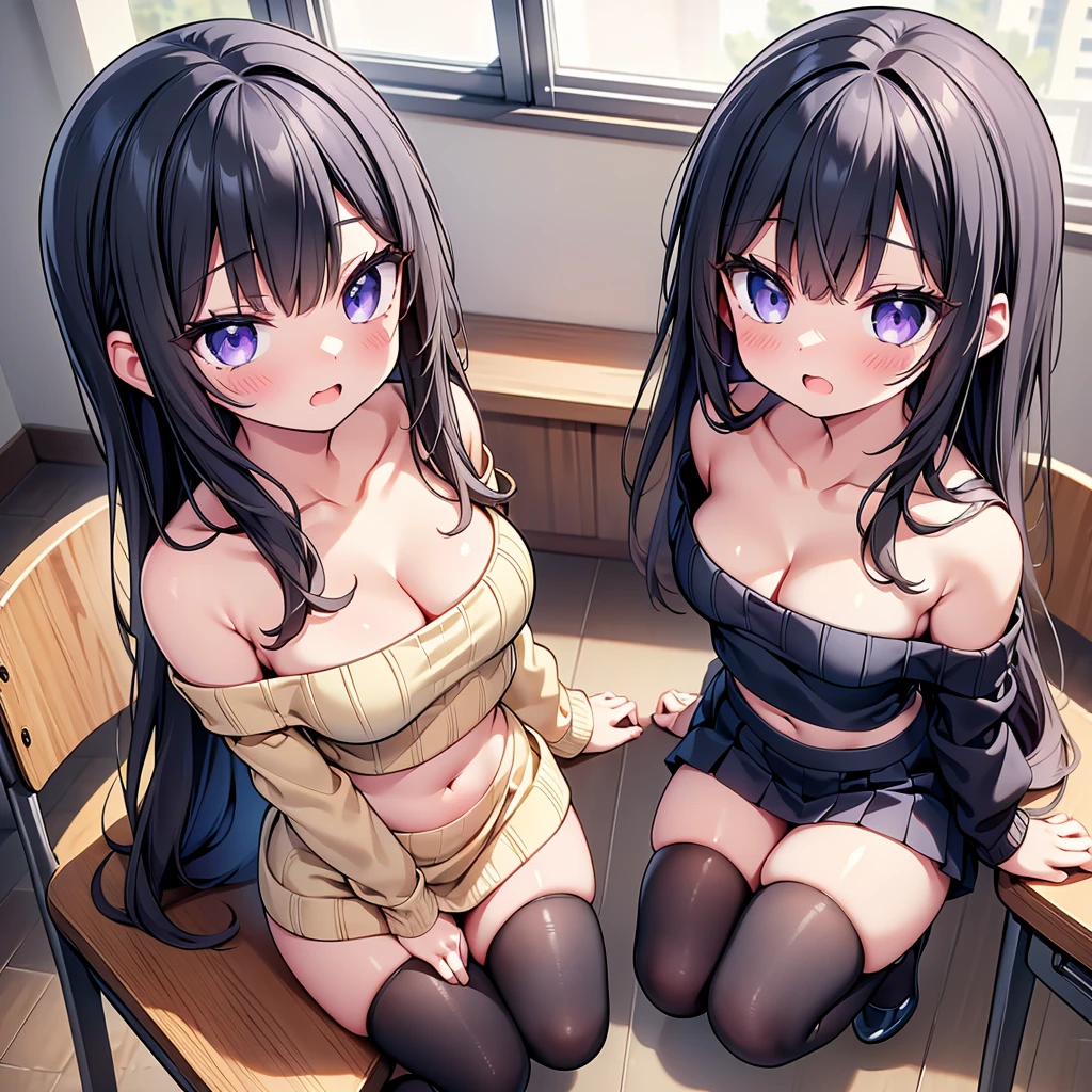 (cute eyes:1.2), (sparkling eyes:1.2), (8K、Best image quality、highest quality、masterpiece)、Detailed face、(2 girls)、Improve、(Black Hair, Purple Eyes, long hair)、(open mouth), (embarrassed), (skinny body:1.2),(small breasts), (beige off shoulder sweater:1.2), (cleavage), (crop top navel), Sit on a chair, Classroom Background, (black stockings:1.1), (Thighs:1.1), (Waistline:1.1),(close-up shot of bust), (from above:1.2)