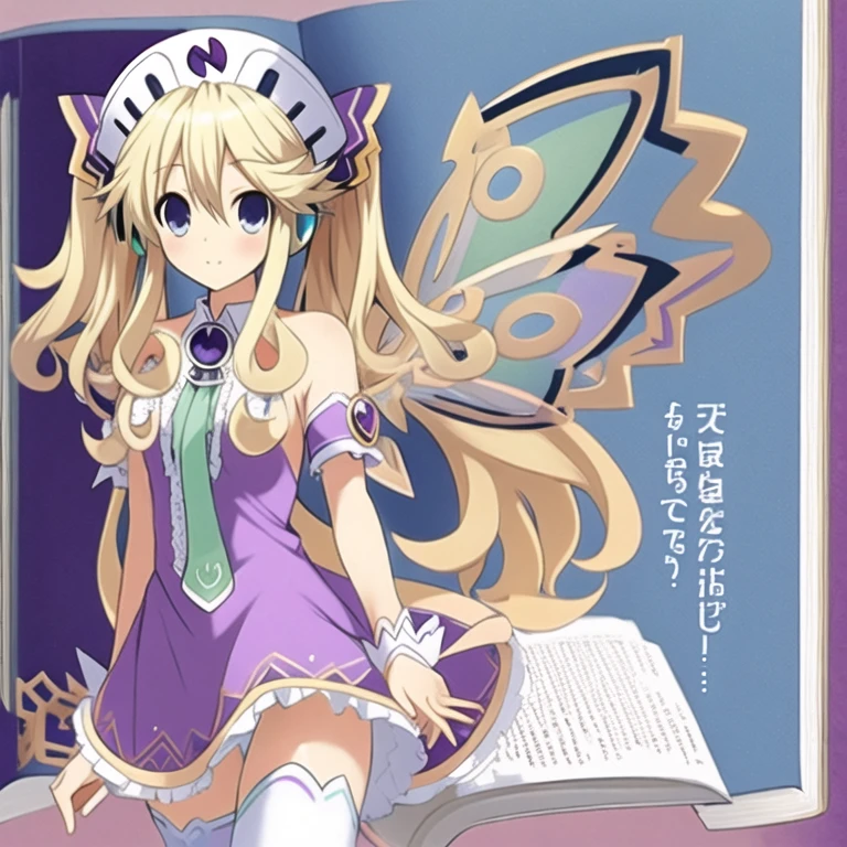 (extremely detailed:1.1),(highly detailed:1.1),(best quality:1.1),(masterpiece:1.1),  HistoireNeptunia, long hair, blue eyes, blonde hair, hair ornament, wings, fairy wings, bare shoulders, twintails,  book, white thighhighs, hat, necktie, purple dress, book, doggy style pose, breasts showing, nude breasts