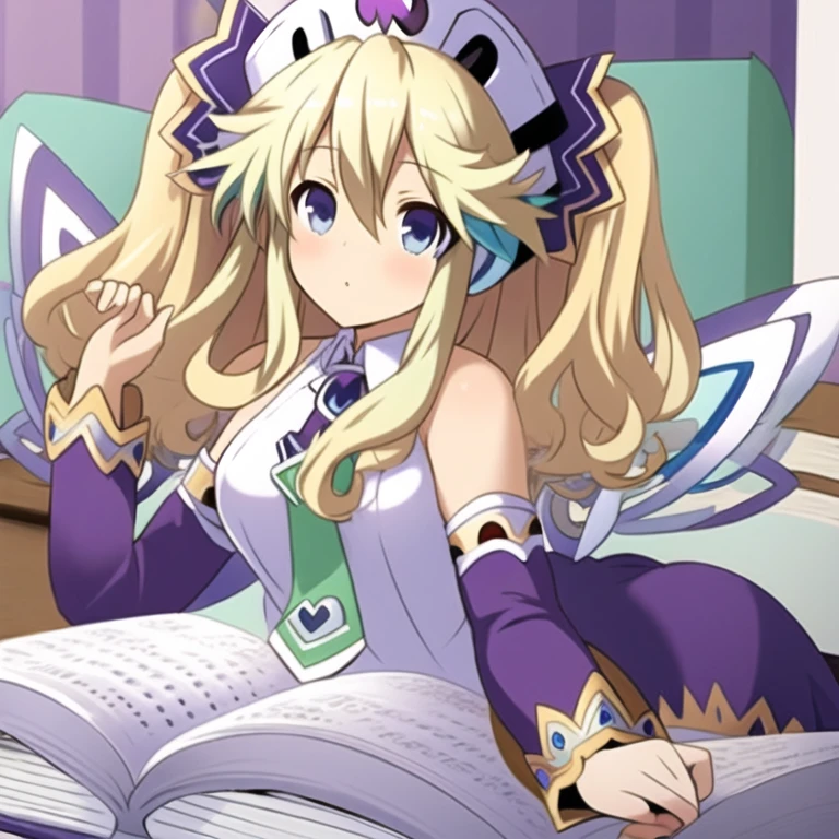 (extremely detailed:1.1),(highly detailed:1.1),(best quality:1.1),(masterpiece:1.1),  HistoireNeptunia, long hair, blue eyes, blonde hair, hair ornament, wings, fairy wings, bare shoulders, twintails,  book, white thighhighs, hat, necktie, purple dress, book, doggy style pose, breasts showing, nude breasts