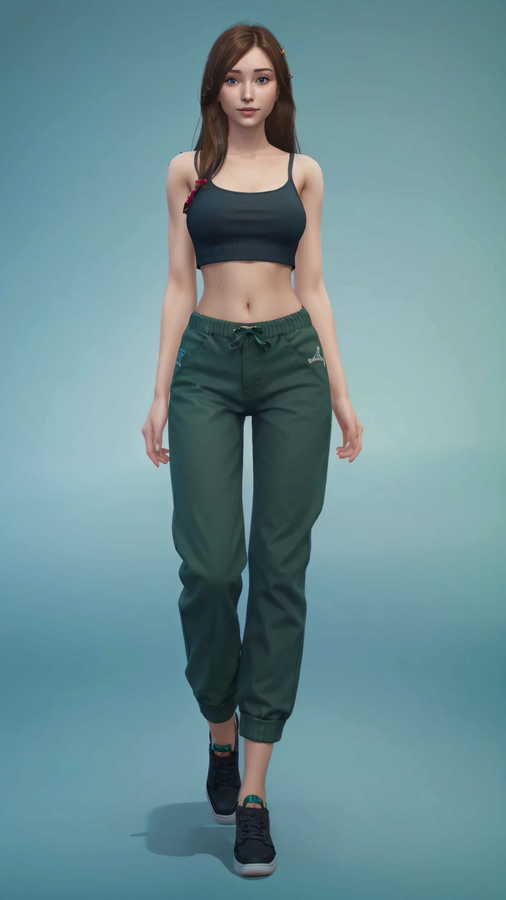 Masterpiece, stunning realistic, best quality, sharpness,1 girl,Sims CAS Concept Lora,standing,full body,brown long hair,messy hair,green eyes,tight croptop,baggy pants