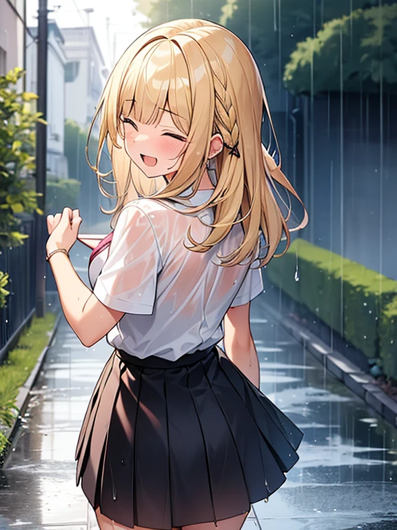 Masterpiece, Top quality, (1 beautiful girl), junior high school student, Blonde, Braided hair, Medium Hair, wet Hair, blunt bangs, standard weight, blouse, Short Sleeves, pleated skirt, (wet clothes):1.2, pink bra, laugh with an open mouth, closed eyes, (running), rainy, beautiful scene of alley, water drops, cowboy shot, back shot