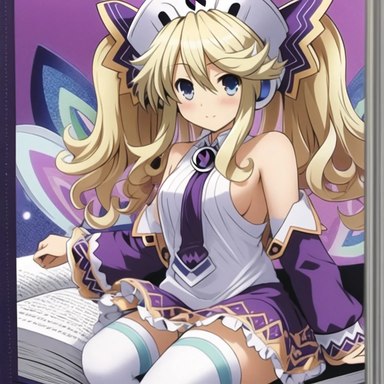 (extremely detailed:1.1),(highly detailed:1.1),(best quality:1.1),(masterpiece:1.1), HistoireNeptunia, long hair, blue eyes, blonde hair, hair ornament, wings, fairy wings, bare shoulders, twintails, book, white thighhighs, hat, necktie, purple dress, book, foggy style pose, breasts showing, nude breasts