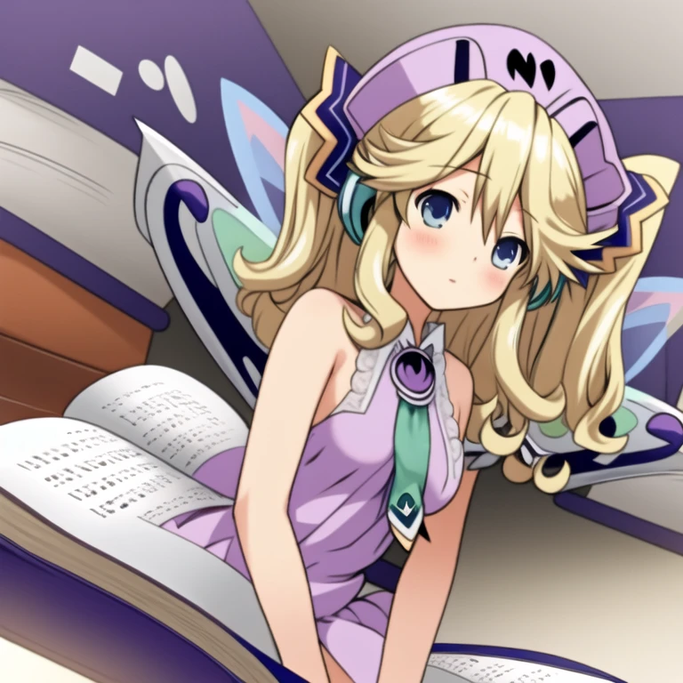 (extremely detailed:1.1),(highly detailed:1.1),(best quality:1.1),(masterpiece:1.1),  HistoireNeptunia, long hair, blue eyes, blonde hair, hair ornament, wings, fairy wings, bare shoulders, twintails,  book, white thighhighs, hat, necktie, purple dress, book, foggy style pose, breasts showing, nude breasts