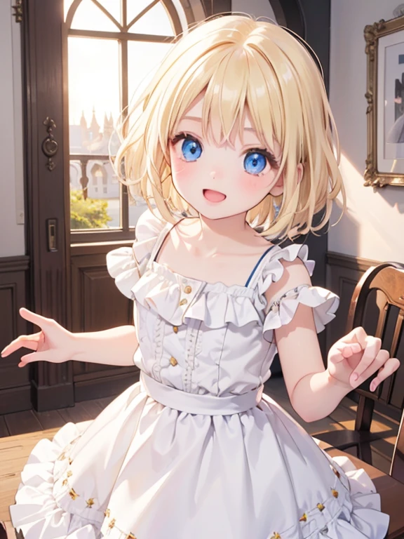 (8k, highest quality, Tabletop:1.2)、Ultra-high resolution, 4 year old girl, Perfect Fingers, Detailed face, blue eyes, Blonde, short hair, White ruffle dress, Inside the castle, Dance