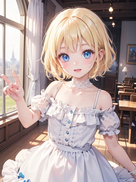 (8k, highest quality, Tabletop:1.2)、Ultra-high resolution, 4  girl, Perfect Fingers, Detailed face, blue eyes, Blonde, short hair, White ruffle dress, Inside the castle, Dance