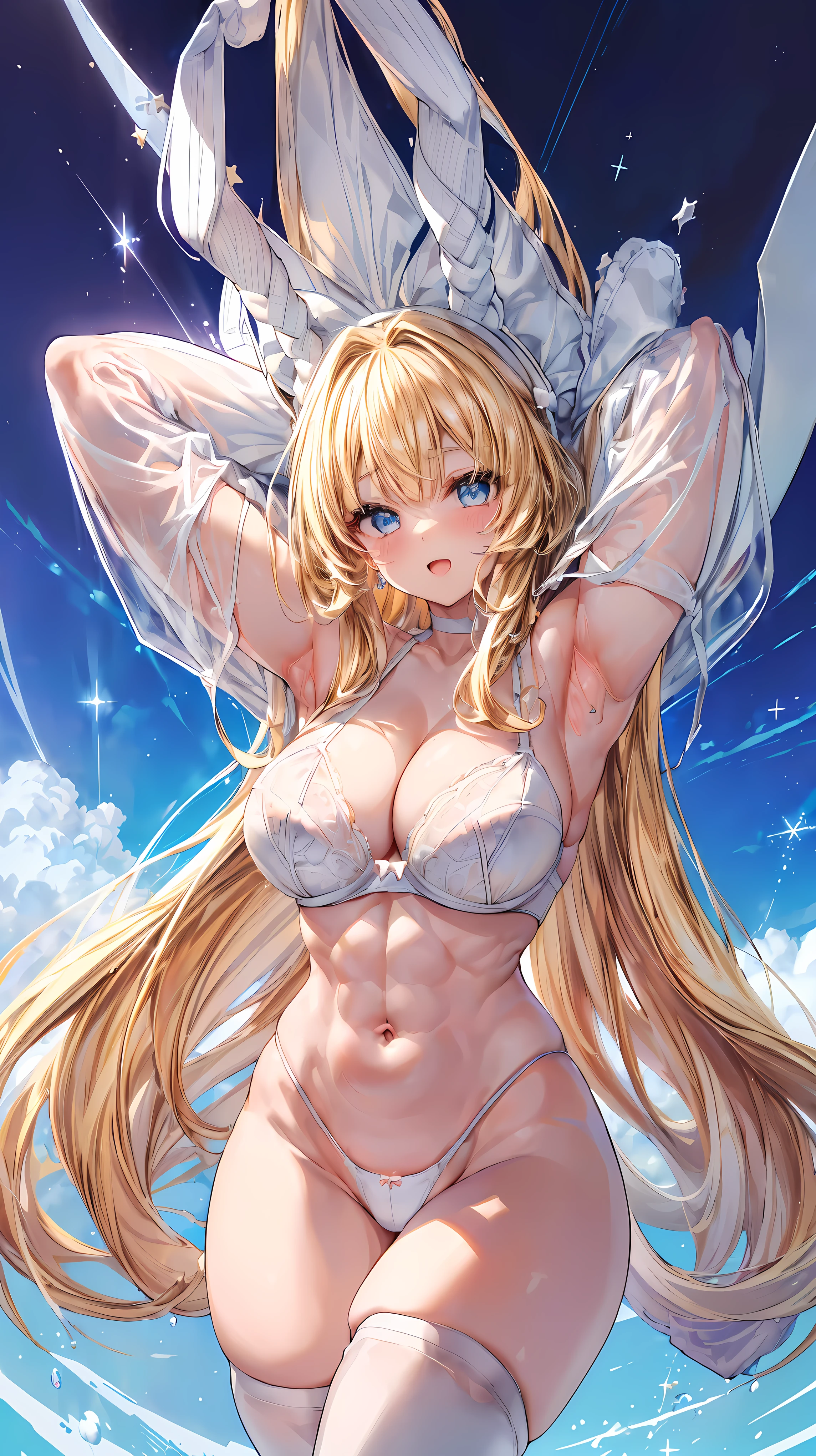 Very detailed、highest quality、Best image quality、masterpiece、8k、Anime Face、A kind smile、(Open your mouth:1.3)、Sparkling blue eyes、(Blonde semi-long hair:1.5)、(Muscles of the whole body:1.3)、(White high leg panties:2.0)、Thigh belt、(Upper body photo:1.5)、(SFW Giant)、(Thick body:1.2)、(White bra:1.5)