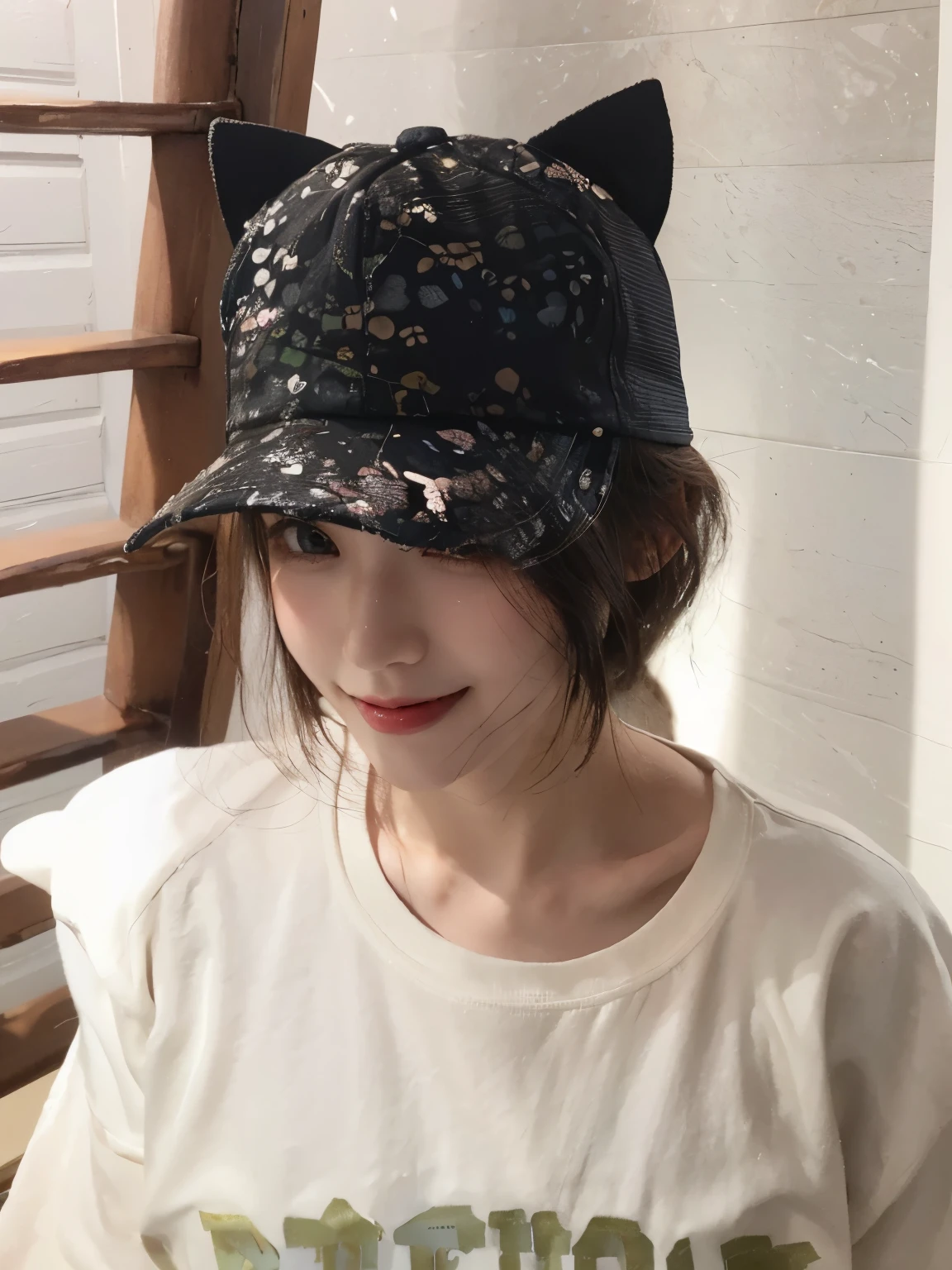 Best image quality、original photo、ultra high resolution、21 years old Korean、small breasts、dynamic angle、Cowboy shooting、The most beautiful form of chaos、elegant、Innovative design、bright colors、,light brown short hair、disheveled hair、light brown eyes 、black baseball cap(Facial expressionSmile)、short bob、Smile、Fair and shiny skin、beautiful eyes,random colors、The details are very beautiful、thin lips、Delicate and beautiful eyes、elongated eyes、Pale pink cheeks、long eyelashes、beautiful double eyelids、eye shadow、he、White Large T-shirt Sweatshirt、baggy pants、Shot from the side、sexy pose、enlarge