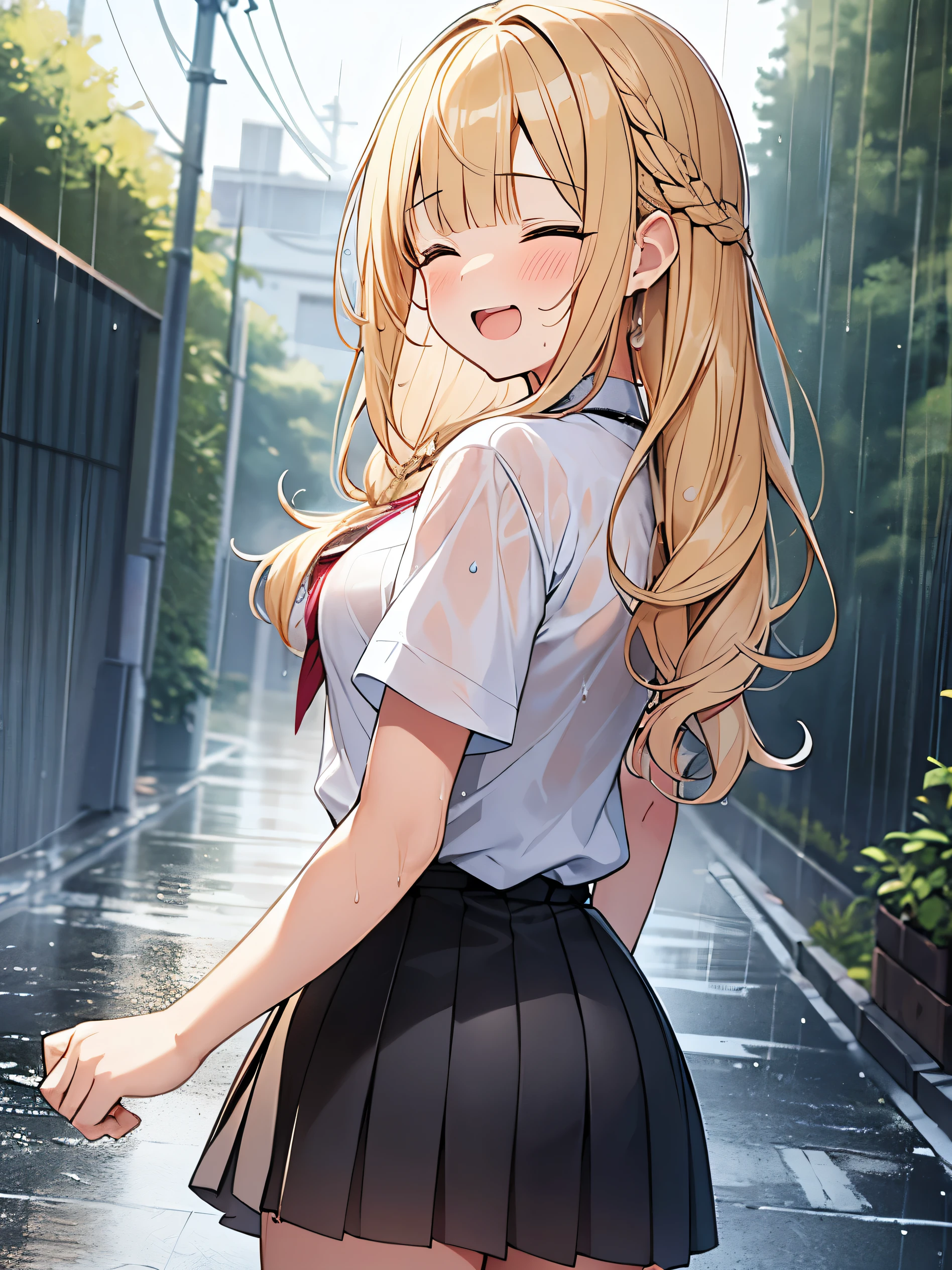 Masterpiece, Top quality, (1 beautiful girl), , Blonde, Braided hair, Medium Hair, wet Hair, blunt bangs, standard weight, blouse, Short Sleeves, pleated skirt, (wet clothes):1.2, pink bra, laugh with an open mouth, closed eyes, (running), rainy, beautiful scene of alley, water drops, cowboy shot, back shot