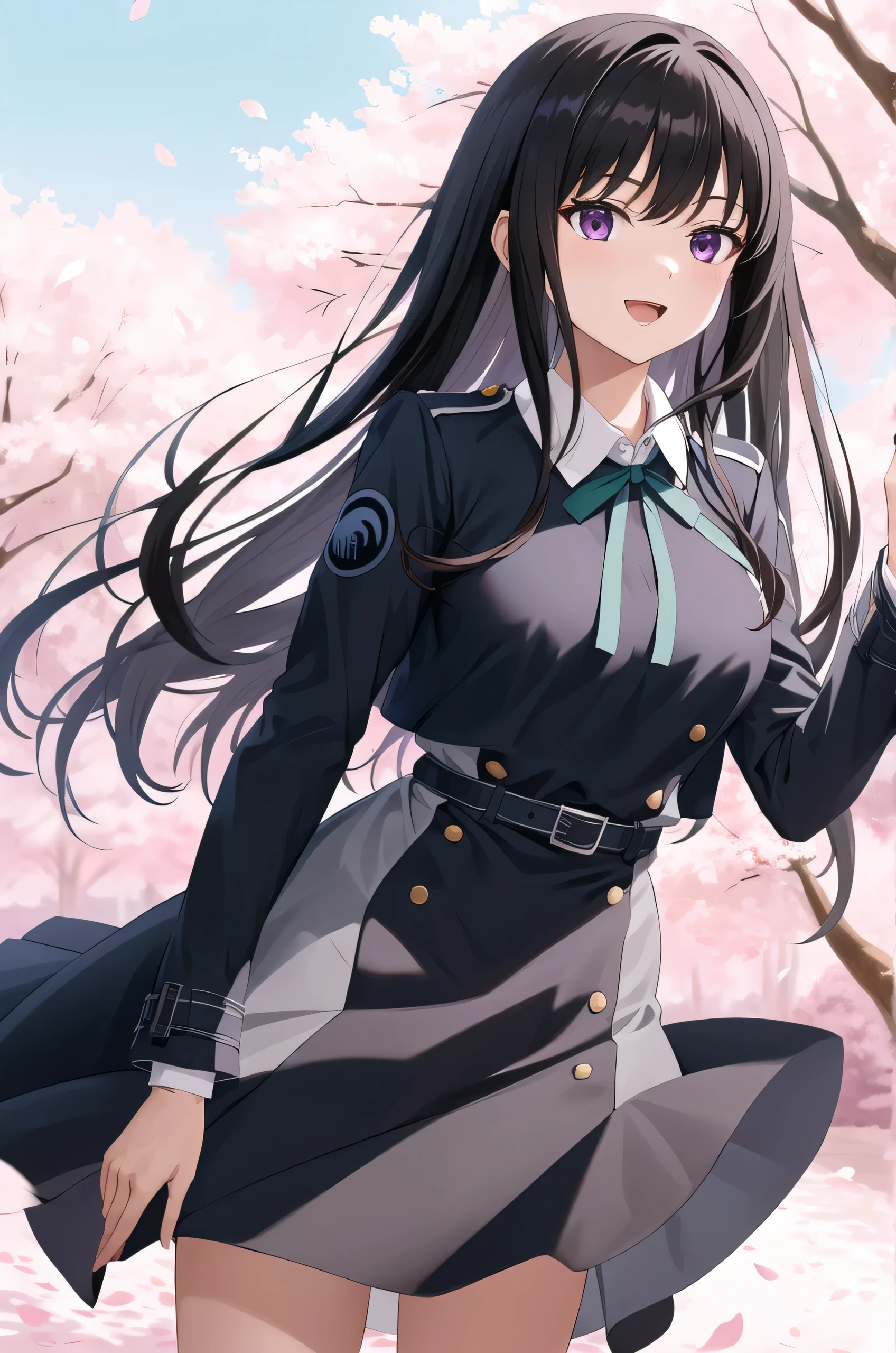 masterpiece, best quality, highres, aatakina, long hair, black hair, breasts, neck ribbon, collared shirt, lycoris uniform, two-tone dress, blue dress, grey dress, long sleeves, belt, reaching out, cherry blossoms, outdoors, petals, standing, cowboy shot, smile, open mouth,