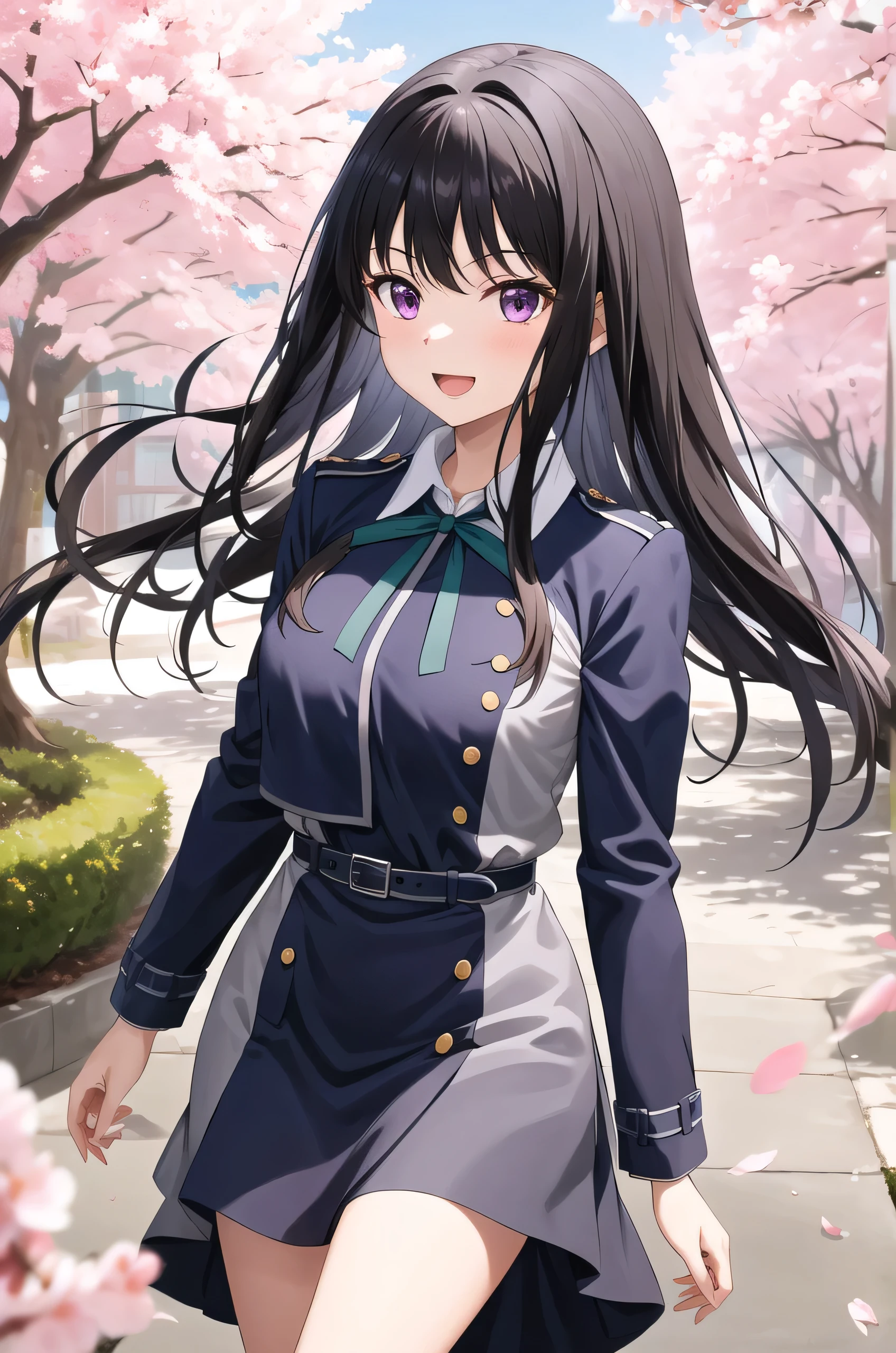 masterpiece, best quality, highres, aatakina, long hair, black hair, breasts, neck ribbon, collared shirt, lycoris uniform, two-tone dress, blue dress, grey dress, long sleeves, belt, reaching out, cherry blossoms, outdoors, petals, standing, cowboy shot, smile, open mouth,