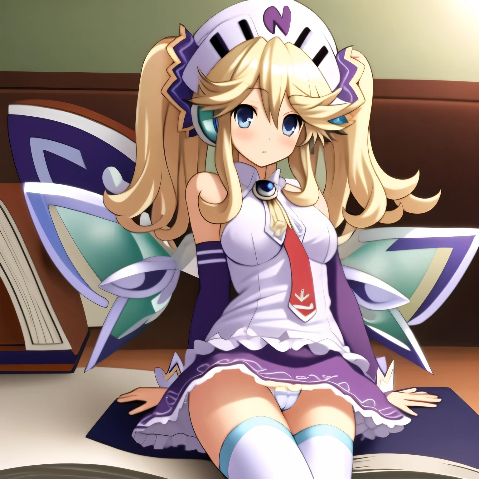 (extremely detailed:1.1),(highly detailed:1.1),(best quality:1.1),(masterpiece:1.1), HistoireNeptunia, long hair, blue eyes, blonde hair, hair ornament, wings, fairy wings, bare shoulders, twintails, book, white thighhighs, hat, necktie, purple dress, book, foggy style pose, breasts showing, nude breasts, red nipples, upskirt shot, white panties, cameltoe on panties, pussy showing panties, pussy, vagina
