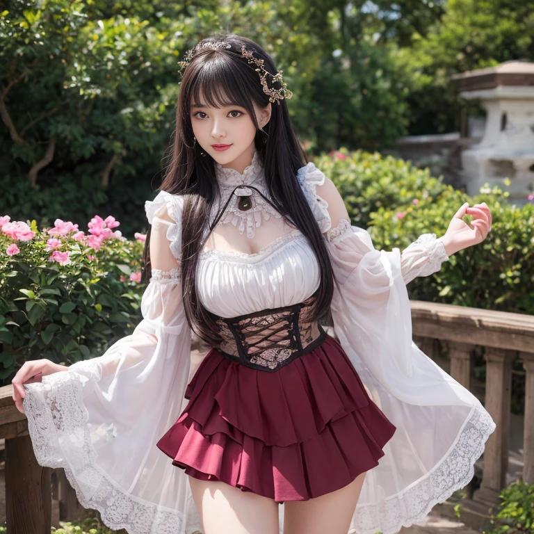 best quality, masterpiece, lifelike, 1 girl, solitary, eternity, Black Hair, Long curly hair, Bangs, laugh out loud, Layered lace skirt,  Puff sleeves, Wide sleeves, Transparent sleeves,  Detailed background,  Delicate face，pink blush，White knee socks, cold，Lots of lace，((​masterpiece))、(top quality)、8k、High Detail、Ultra Detailed、 21 years old female，​masterpiece、born、Intricate details showcase the ruffles and intricate designs of the Lolita dress、Fair、magic、realism、Visual effects、FXAA、SSAO、shader、voiceless、Ambient Lighting、Tone Mapping、high resolution、Ultra HD、Million pixels、(8k resolution:1.10)、8k resolution、High Detail、Intricate details、 (high quality:1.2、​masterpiece:1.2、:1.21)、(21 years old female），Hair accessories are not allowed, Smile happily，Short skirt，Underwear looming，outdoor，Huge breasts，Low-cut clothes
